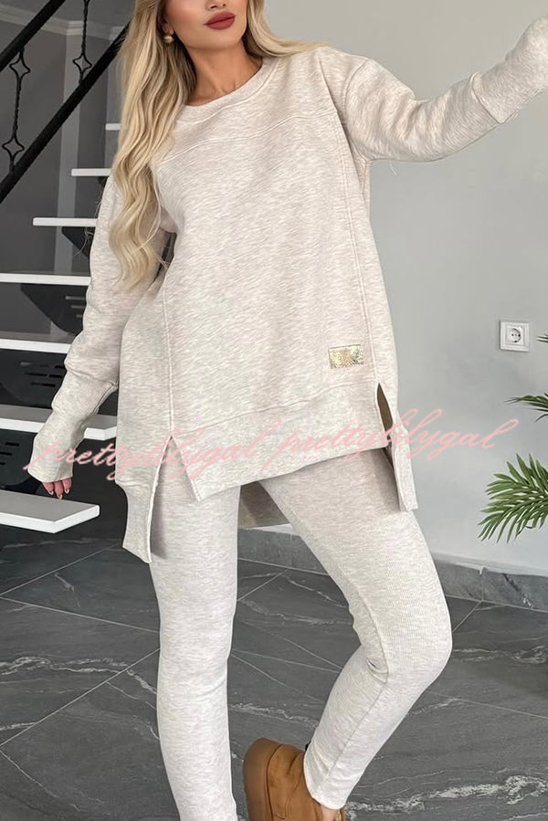 Solid Color Crew Neck Long Sleeve Top & Stretchy Casual Pants Set - Women's Comfortable Lounge Wear for Home, Yoga & Everyday Outfits