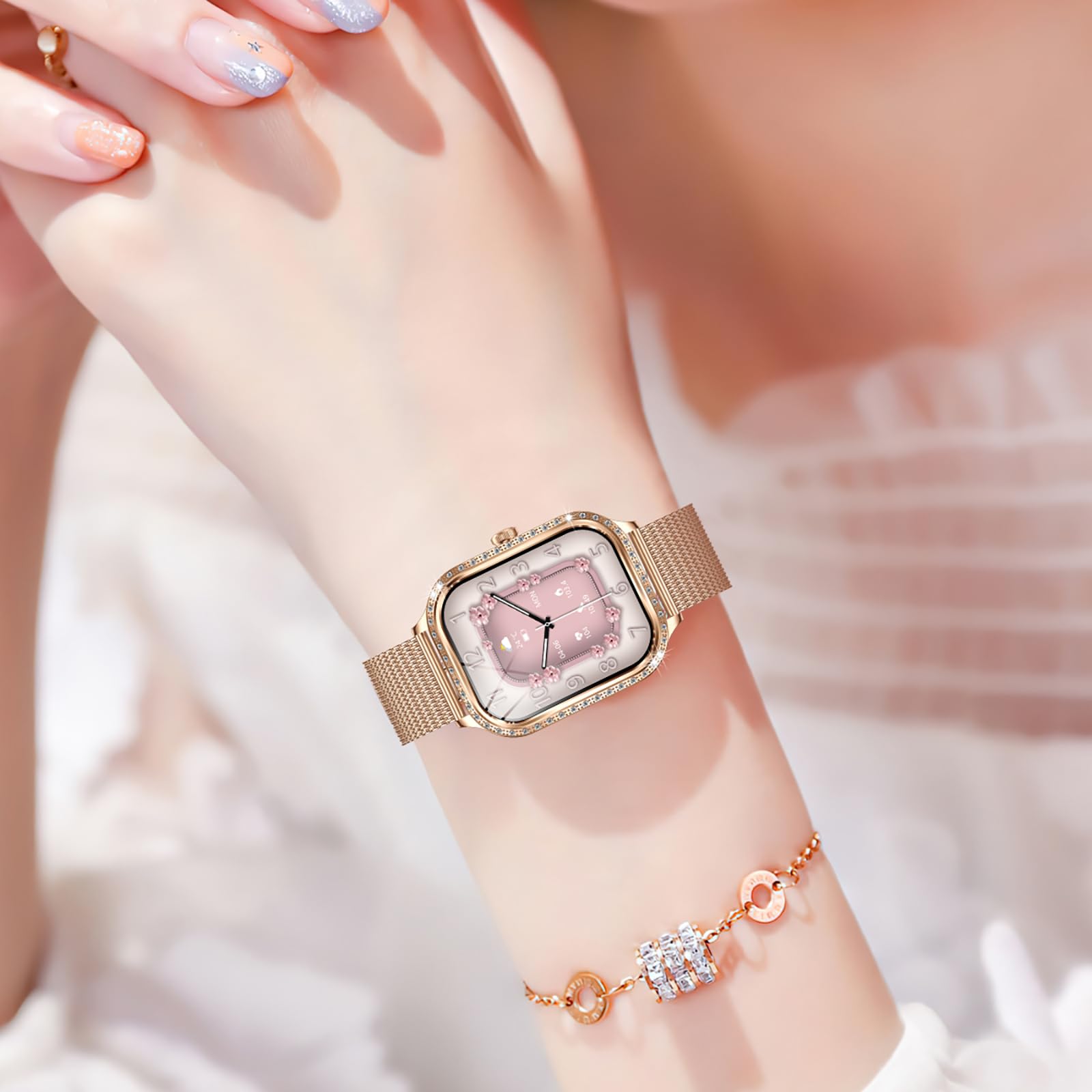 Luxury Diamond Smart Watch for Women - Gold Designer Fitness Tracker with Call Function, Heart Rate & Sleep Monitor, IP68 Waterproof - Perfect for Workouts, Office & Everyday Wear