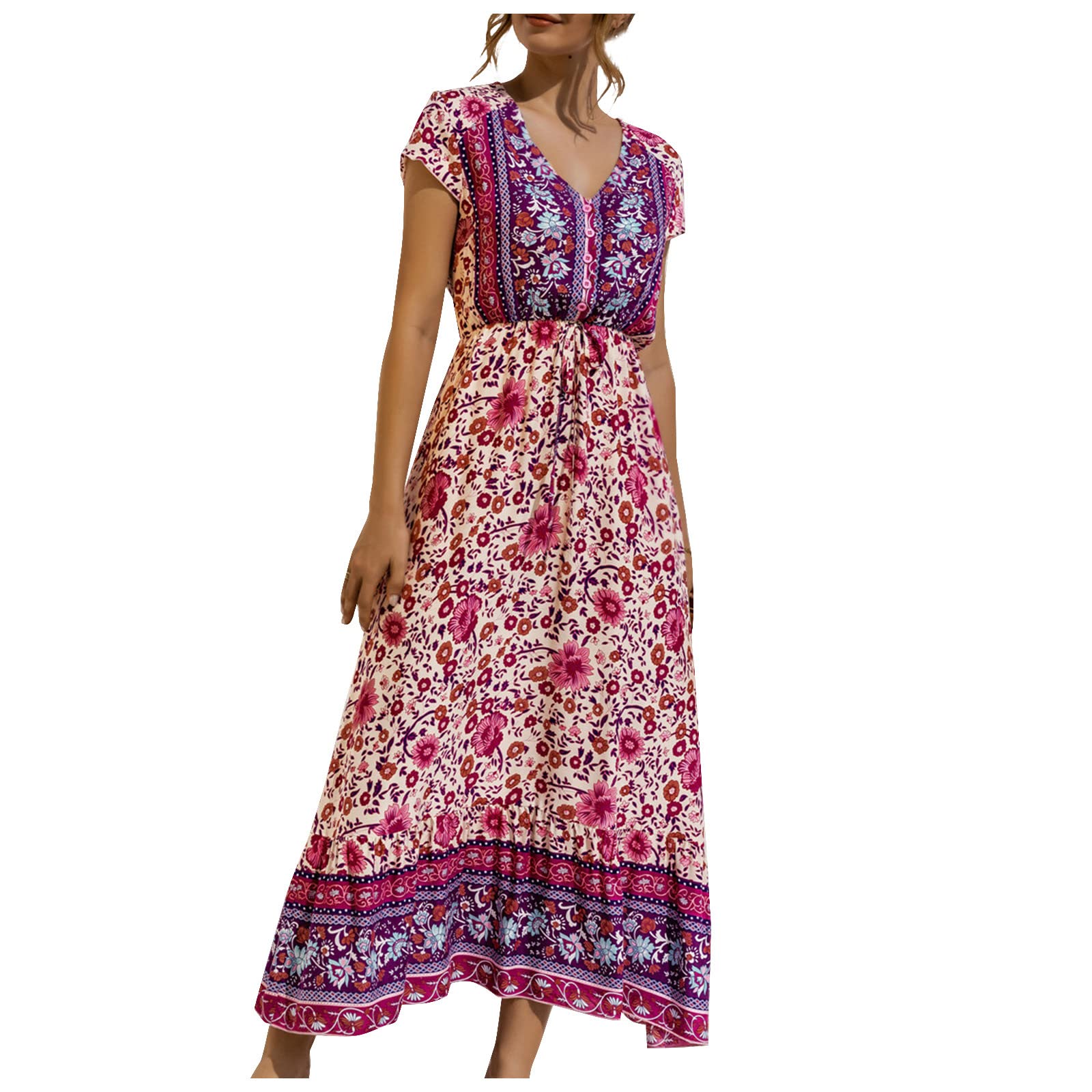 Women's Floral Maxi Dress - Short Sleeve Summer Evening Party & Beachwear Tunic | Perfect for Beach Vacations, Garden Parties & Date Nights