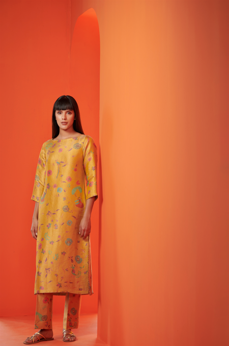Azad Trousers - Women's Silk Brocade Pants in Mustard Yellow | Elegant Lounge Wear & Special Occasion Outfit