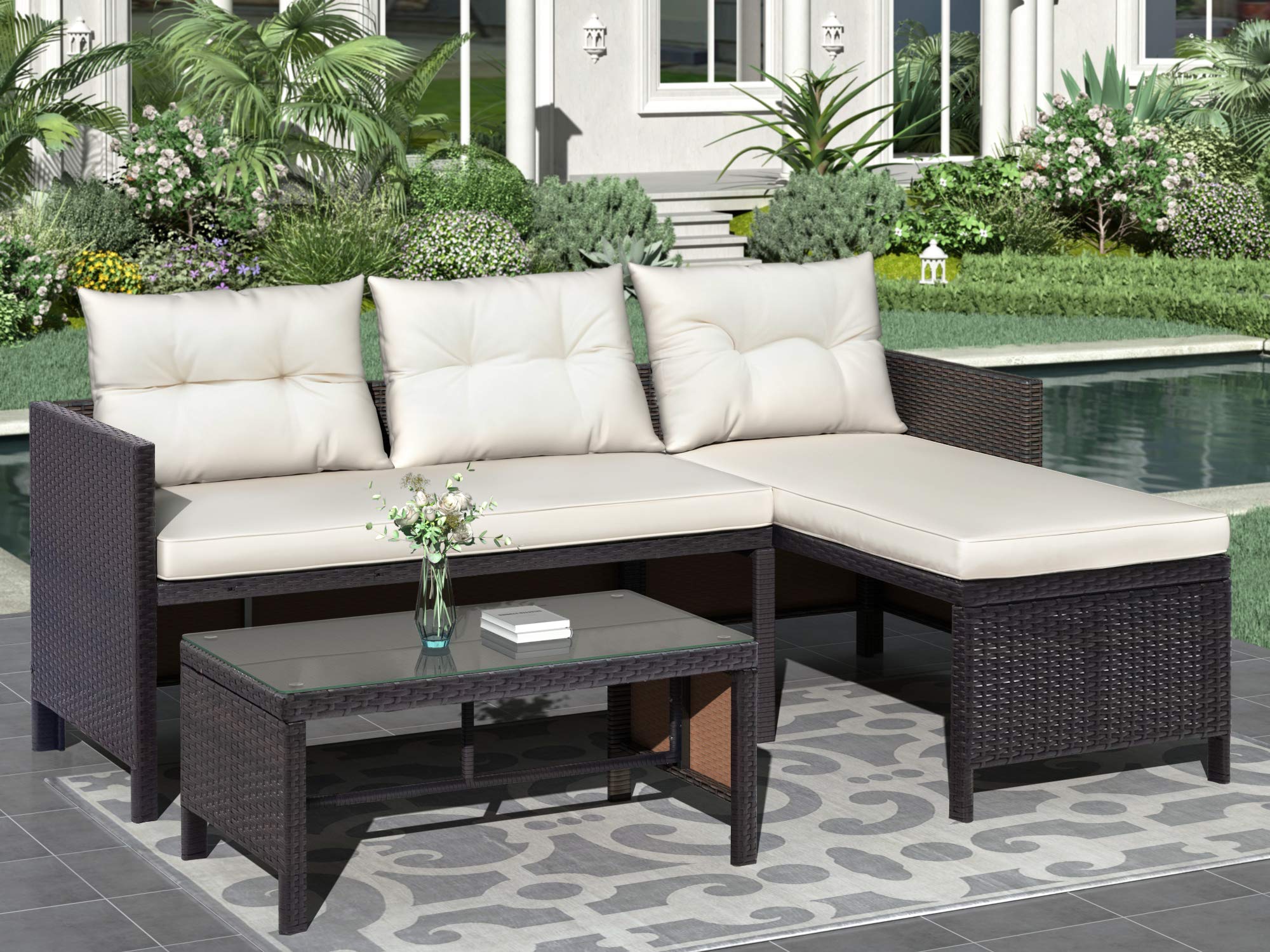 WHNB 3-Piece Outdoor Patio Furniture Set - Brown Rattan Sectional Sofa with Coffee Table & Washable Cushions - Weather-Resistant Wicker Conversation Set for Garden, Backyard, Poolside or Balcony