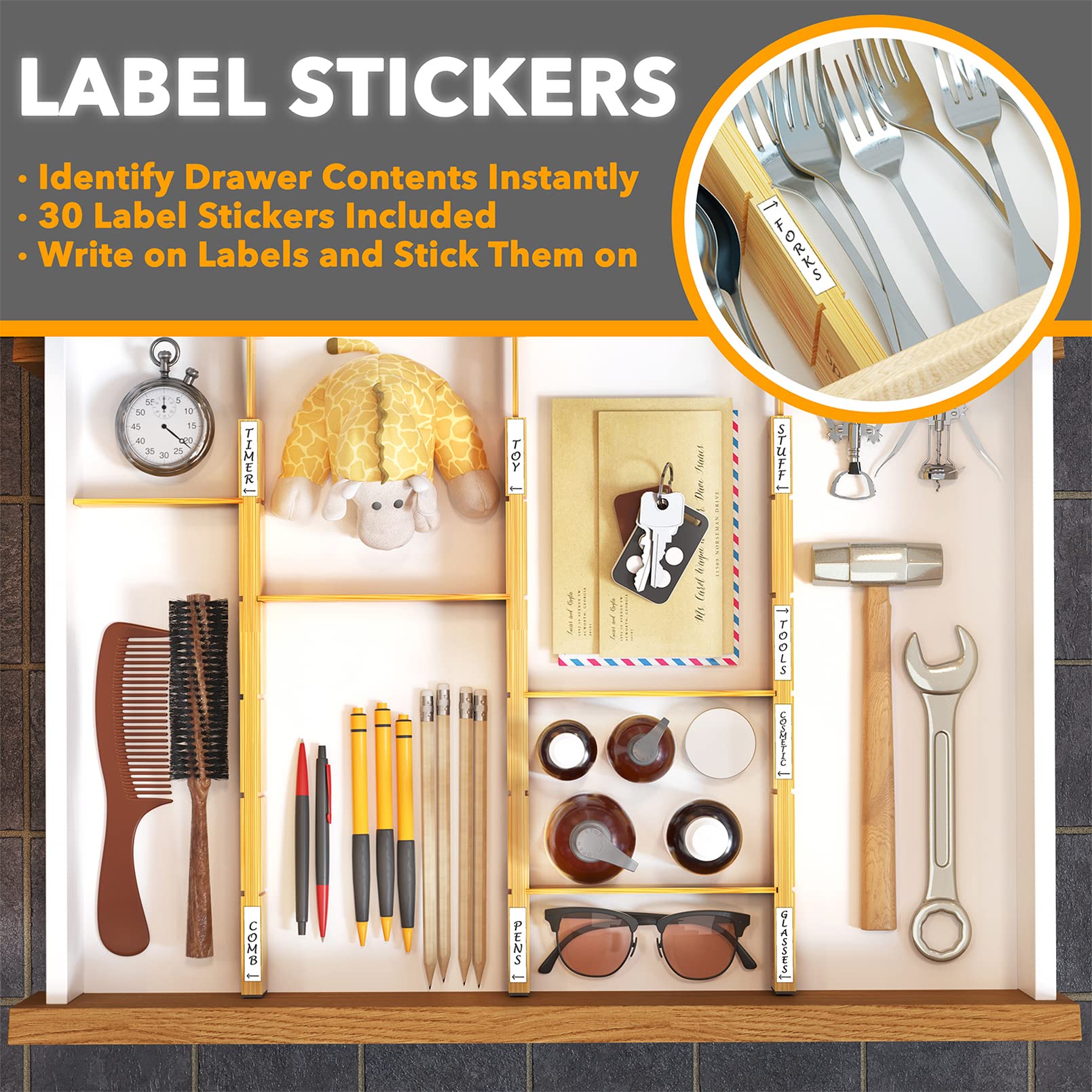 SpaceAid Bamboo Drawer Organizers with Dividers and Labels - 4 Pack Drawer Organizer Set with 9 Adjustable Inserts (Fits 17-22 Inch Drawers) - Perfect for Kitchen Utensils, Office Supplies, and Bag Storage Organization