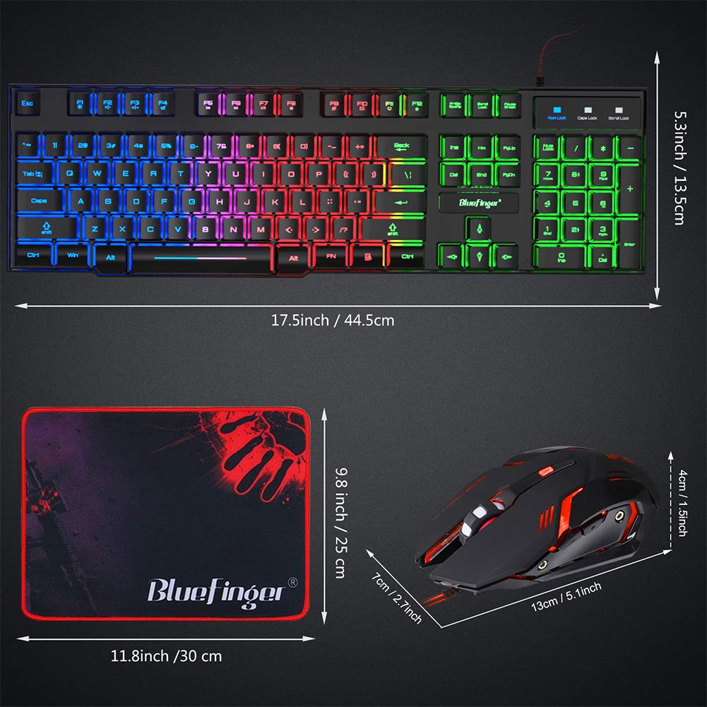 BlueFinger RGB Gaming Keyboard, Backlit Mouse & Headset Combo - USB Wired LED Gaming Set with Microphone for PC, Laptop - Perfect for Gaming, Streaming & Office Work