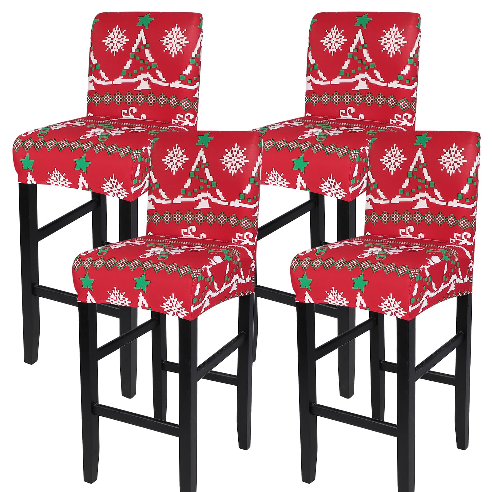Christmas Bar Stool Covers Set of 4 - Stretchable Removable Washable Slipcovers for Kitchen, Pub, Dining Room & Cafe - Holiday Decor for Counter Stools & Bar Chairs (Christmas Tree Design) - Perfect for Christmas Parties & Home Decoration