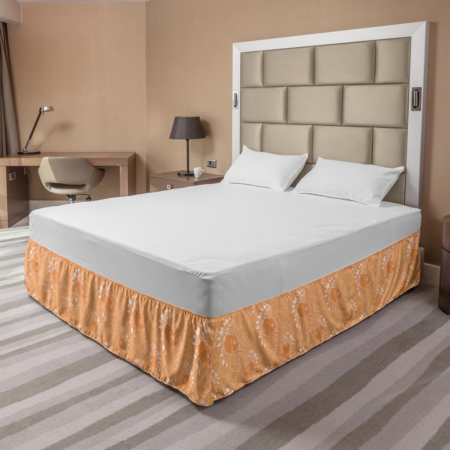Ambesonne Boho Elastic Bed Skirt - King Size Pale Orange & White Wrap Around Dust Ruffle with Elephant Hat Feather Design | Perfect for Bohemian Bedroom Decor & Guest Room Styling