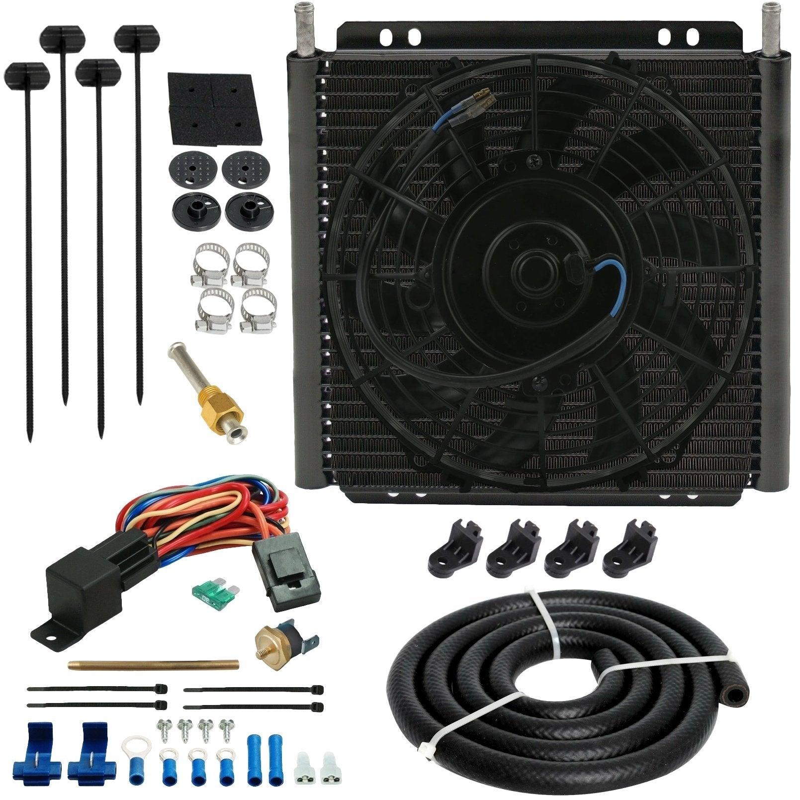 26 Row 6AN Transmission Oil Cooler Kit with Temperature Switch & Fan - High Performance Cooling for Racing, Towing & Heavy Duty Vehicles