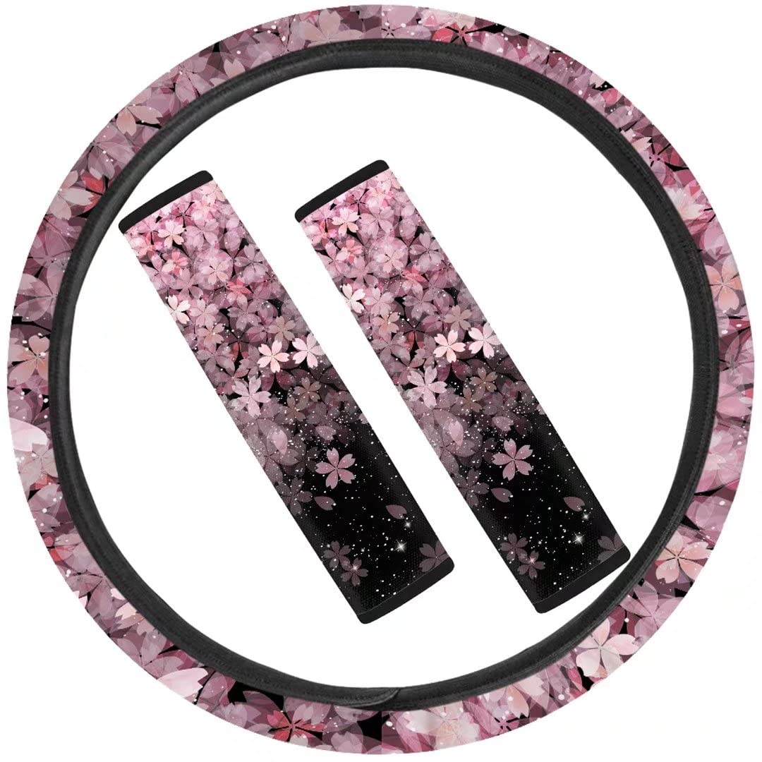 YoungerBaby Pink Cherry Blossom Sakura Car Steering Wheel Cover Set - Soft Travel Cushion & Seat Belt Protectors - Universal Fit Car Interior Accessories for Women - Perfect for Commuting, Road Trips & Daily Driving