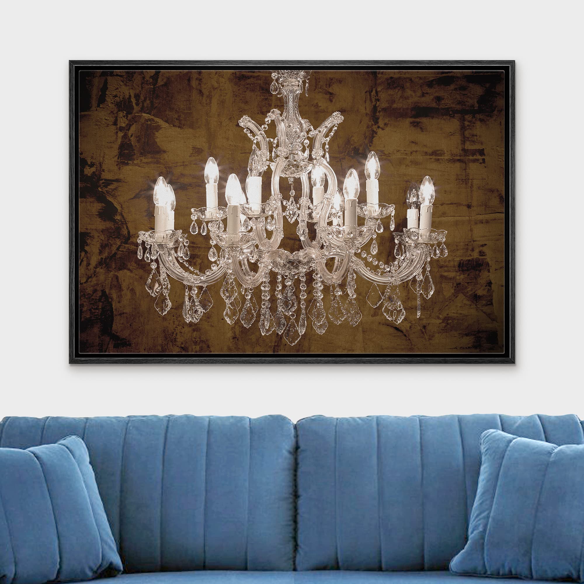 Wall26 Framed Canvas Print - Brown Grunge White Crystal Chandelier Wall Art | Modern Digital Art for Living Room, Bedroom, Office Decor | 24x36 Inch Black Frame | Perfect for Relaxing Spaces & Contemporary Home Décor