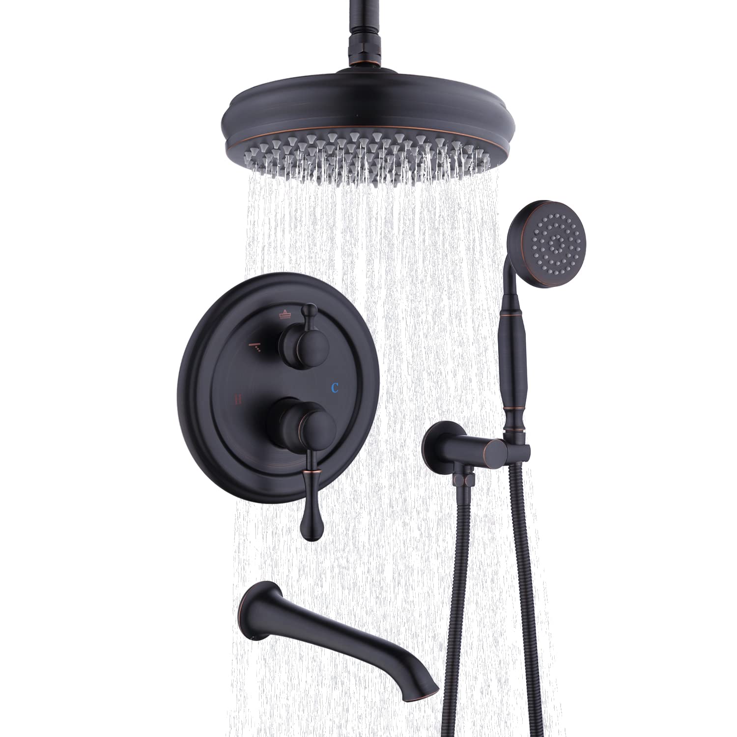 Vintage Oil Rubbed Bronze Shower System - Complete 8 Inch Rain Shower Head & Handheld Spray with Tub Spout, Rough-in Valve & Trim Kit - Perfect for Bathroom Renovation & Luxury Spa Experience