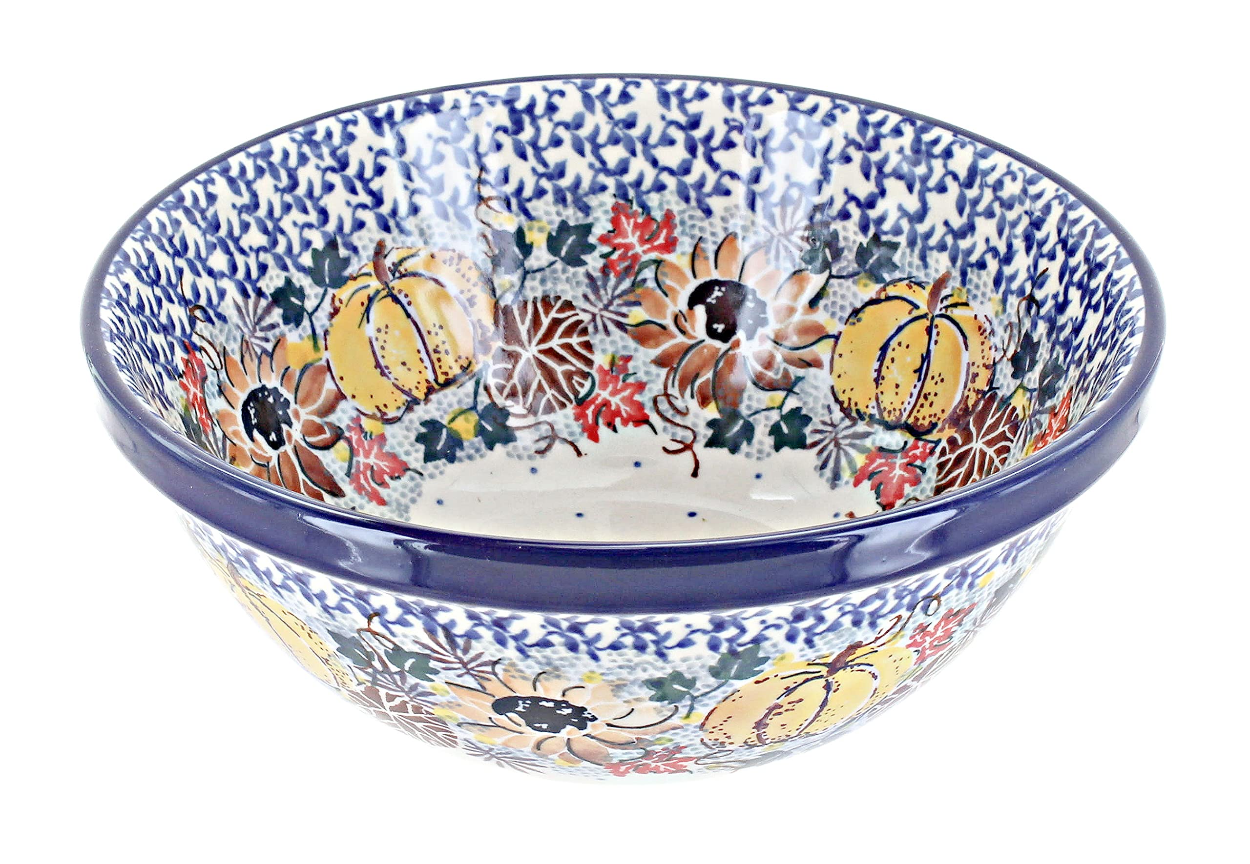 Handmade Blue Rose Polish Pottery Bowl - Ceramic Soup & Cereal Bowl for Breakfast, Dining & Decor - Harvest Bounty Design - Perfect for Home, Kitchen & Gift Giving