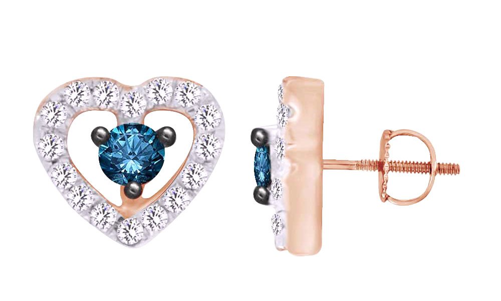 0.20 CT Round White & Blue Natural Diamond Heart Stud Earrings in 10k Solid Gold - Perfect for Valentine's Day Gifts, Anniversary Presents & Special Occasions