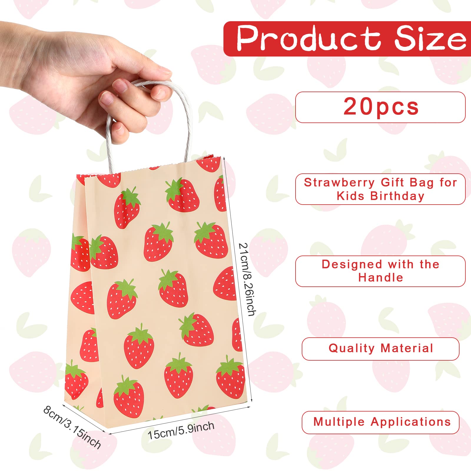 20 Pcs Strawberry Party Favor Bags with Handles - Cute Printed Strawberry Treat Bags for Candy, Gifts & Party Supplies - Perfect for Strawberry Themed Birthday, Baby Shower & Dessert Table Decorations