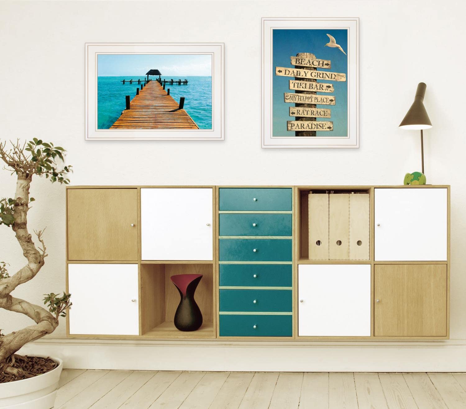 Beach Nautical 2-Piece Wall Art Set by Graffitee Studios - White Framed Coastal Decor for Living Room, Bedroom & Beach House