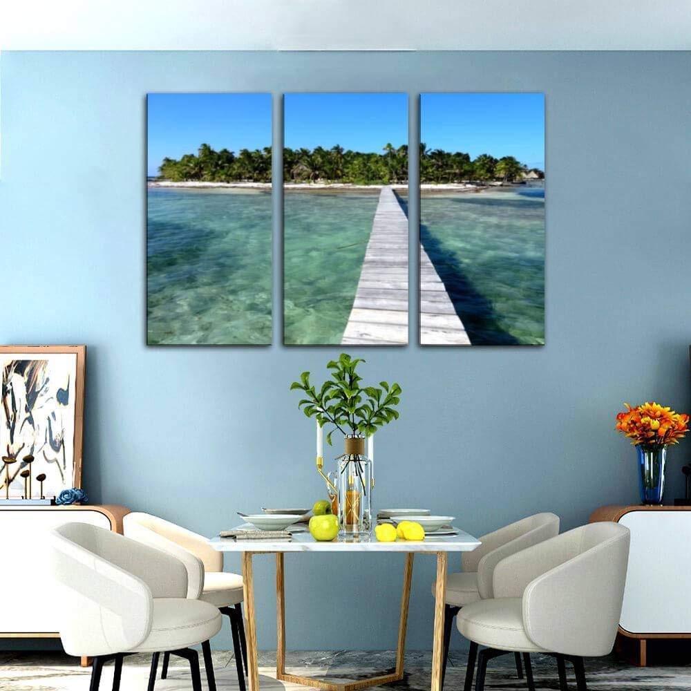 Belize Island Paradise Blue Tropical Seascape Canvas Wall Art - 3 Panel Beach Painting for Living Room & Bedroom Decor - Ocean Themed Home Wall Decor Posters | Perfect for Coastal, Boho & Vacation Style Interiors