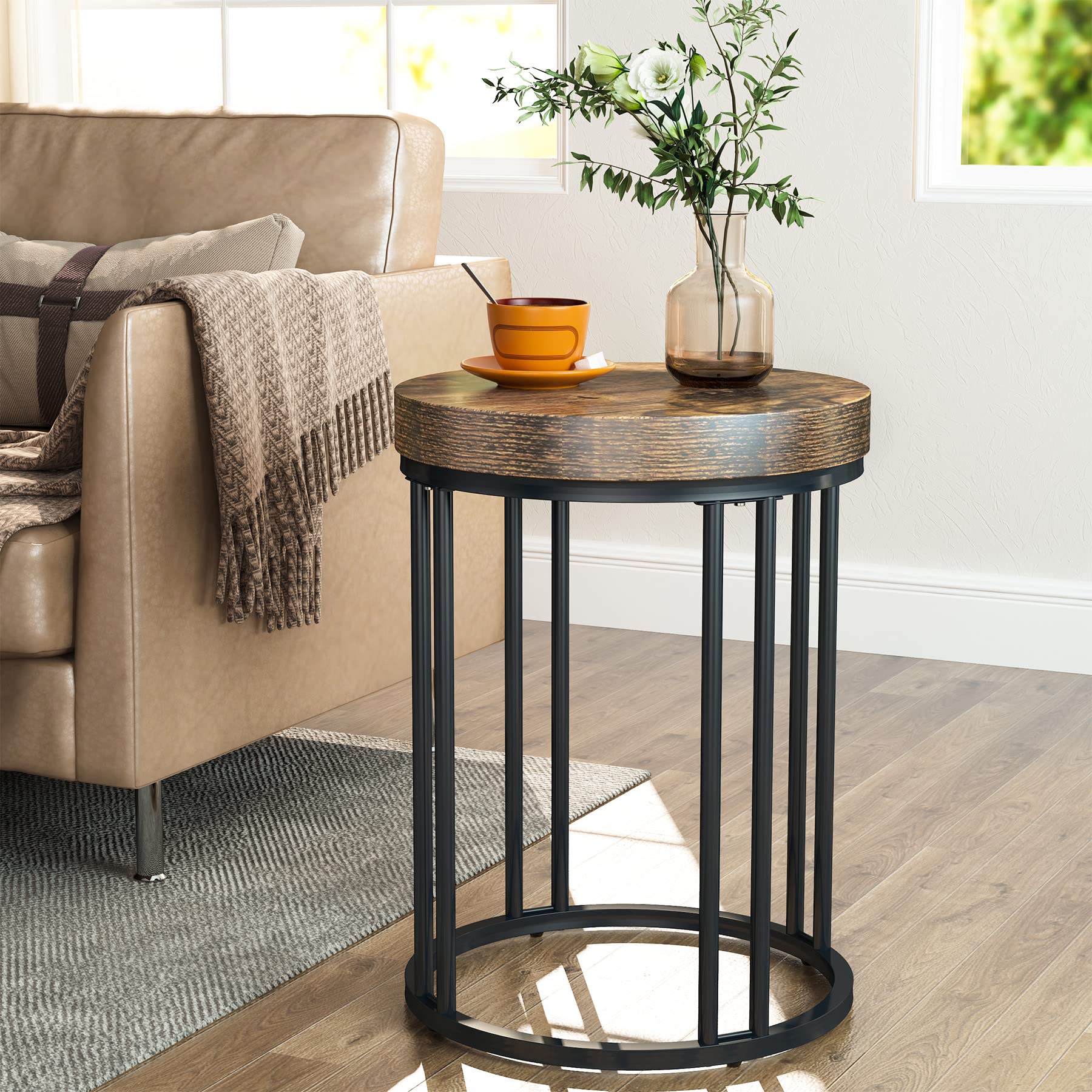 Modern Round End Table with Metal Frame & Wooden Circle Top - Rustic Brown & Black Nightstand for Bedroom, Living Room, Sofa - Space Saving Accent Table Easy to Assemble - Perfect for Small Spaces, Apartments & Home Decor