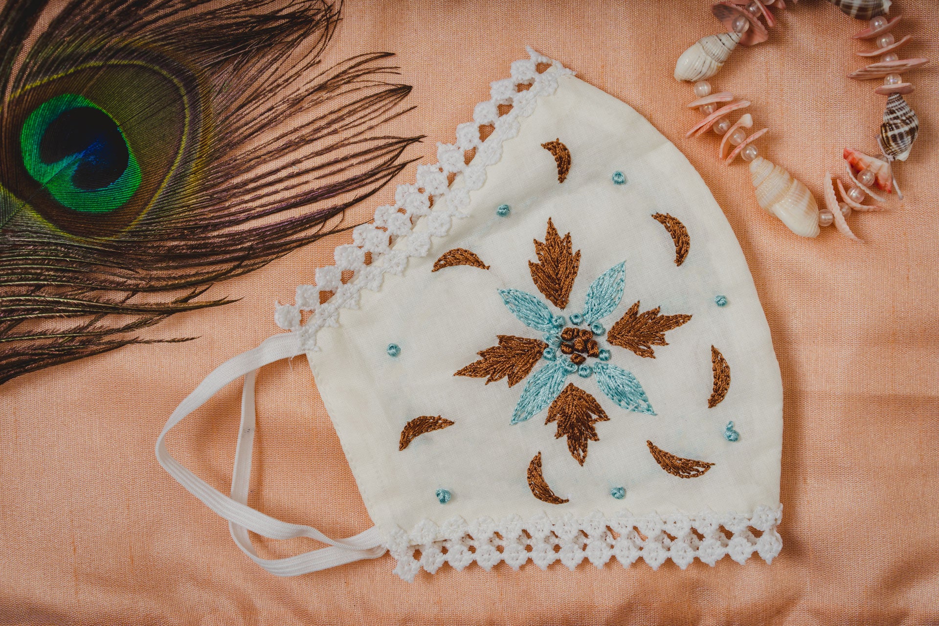 Elegant Cream Cotton Face Mask with Geometric Floral Embroidery and Lace Trim - Perfect for Weddings, Parties, and Everyday Fashion Protection