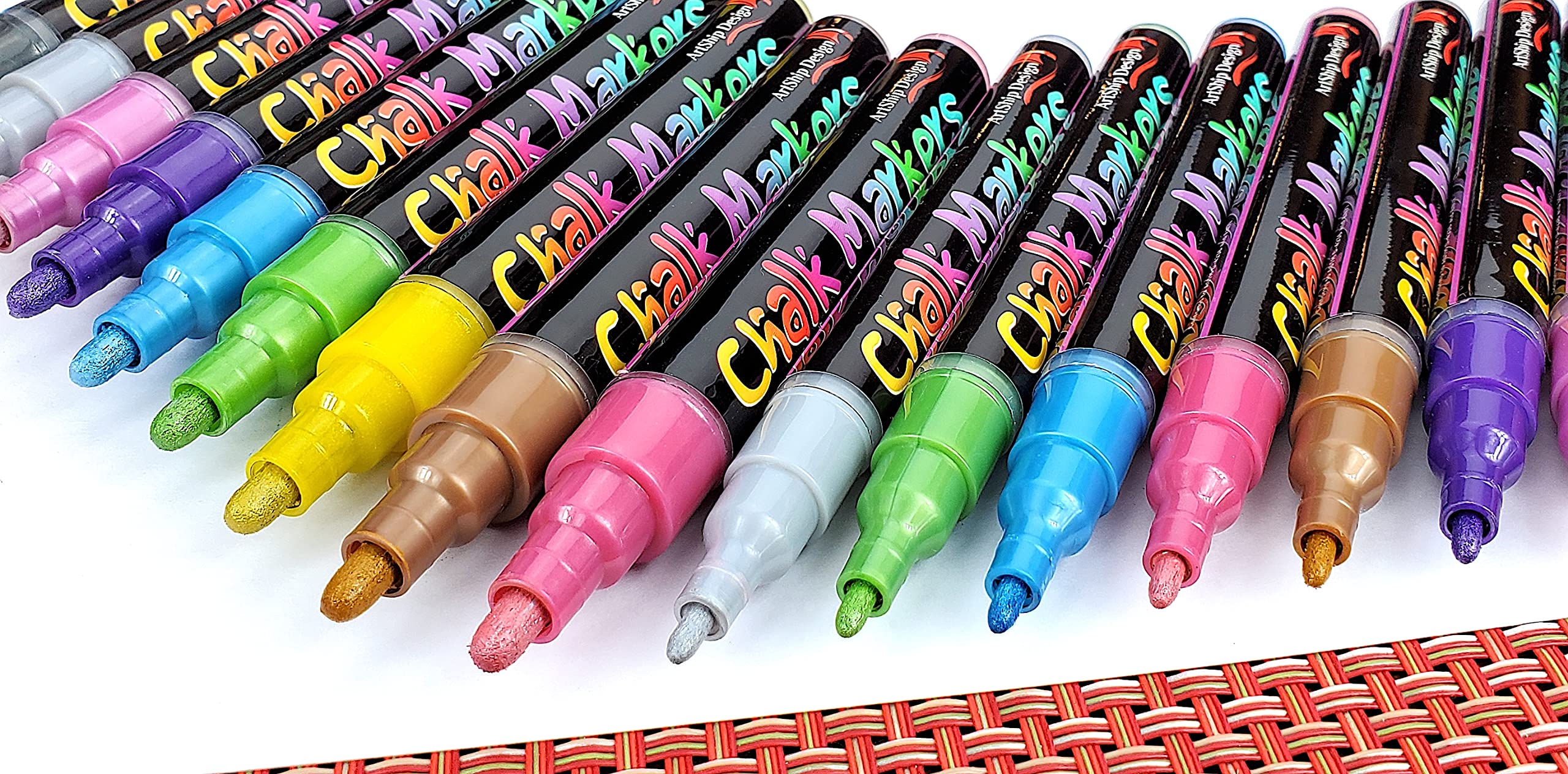 18 Metallic Chalk Markers - Dual Tip Liquid Chalk Pens Set (Fine & Medium Reversible) - Wet Erasable for Whiteboards, Glass, Windows, Mirrors - Perfect for Menu Boards, Classrooms, Restaurants & DIY Crafts