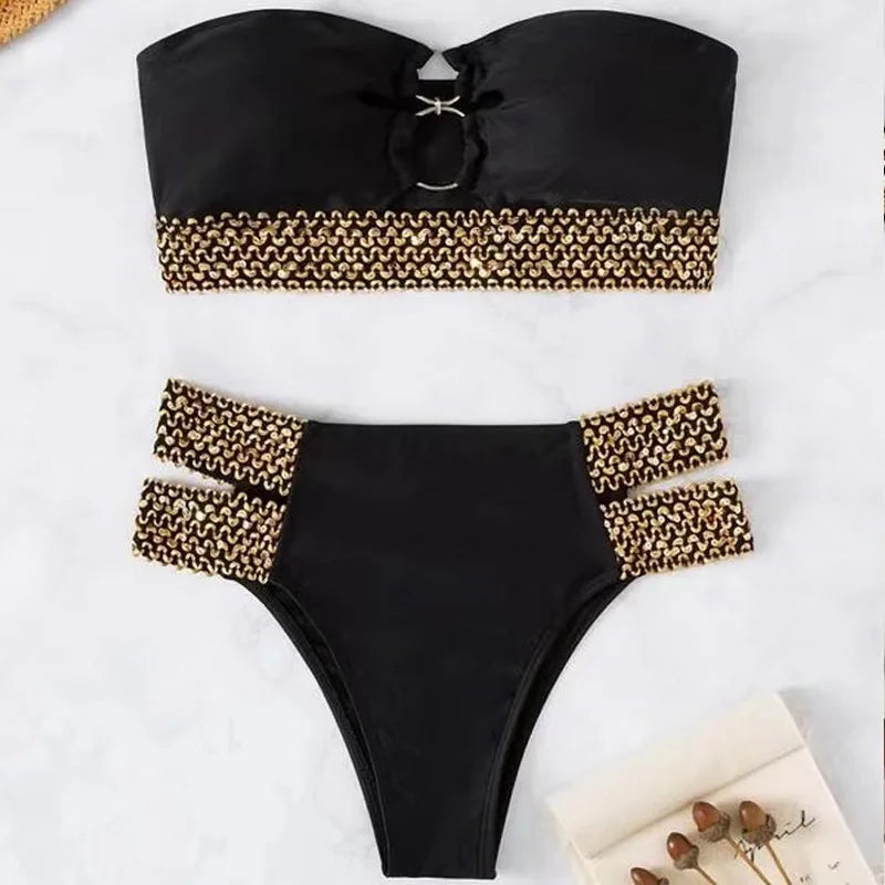 2024 Women's Strapless Bandeau Bikini Set - Brazilian Thong Swimwear with Sequin Braiding | Beach Vacation, Pool Party, Summer Fashion
