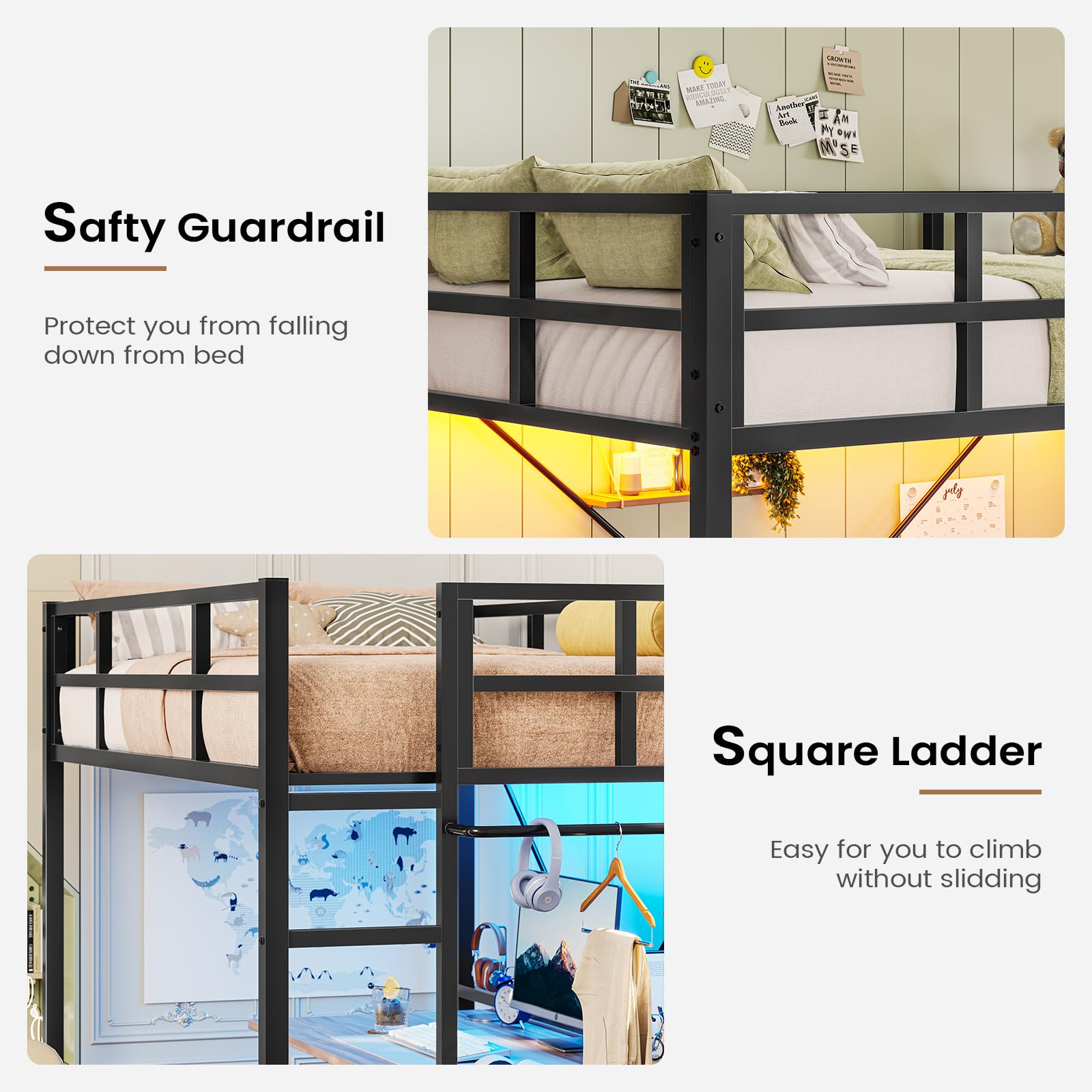 Hasuit Twin Loft Bed with LED Lights - Sturdy Metal Loft Bed Frame with Full Guardrail & Closet Organizer | Space-Saving Design, Quiet & No Box Spring Needed (Black) | Perfect for Small Apartments, Dorms & Kids' Rooms