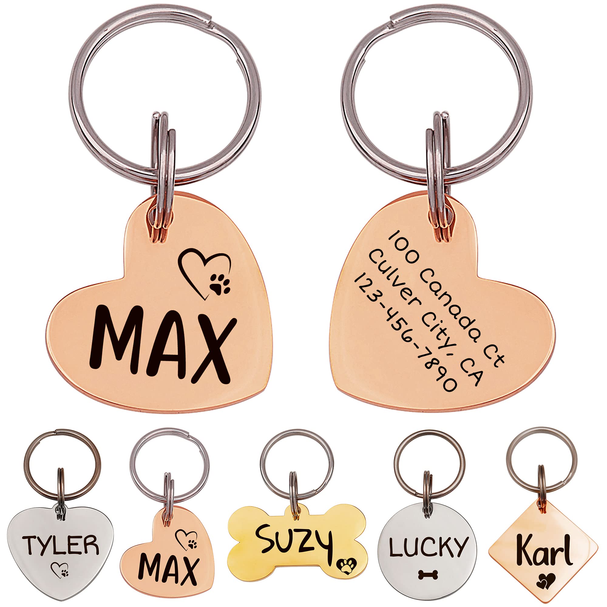 Anavia Personalized Pet ID Tags - Engraved Stainless Steel Dog & Cat Collar Tags with Rose Gold Finish (Medium, Sideways Heart) - Perfect for Daily Walks, Vet Visits & Pet Safety Identification