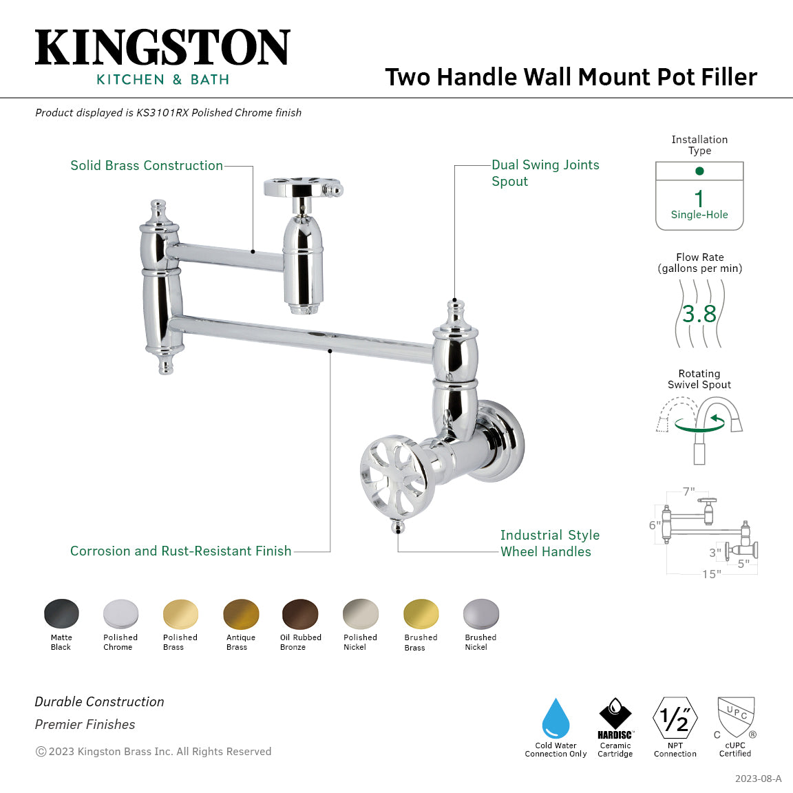 Belknap KS3101RX Two Handle Wall Mount Pot Filler Faucet - Polished Chrome Finish - Ideal for Kitchen Sink, Stove & Cooking Area
