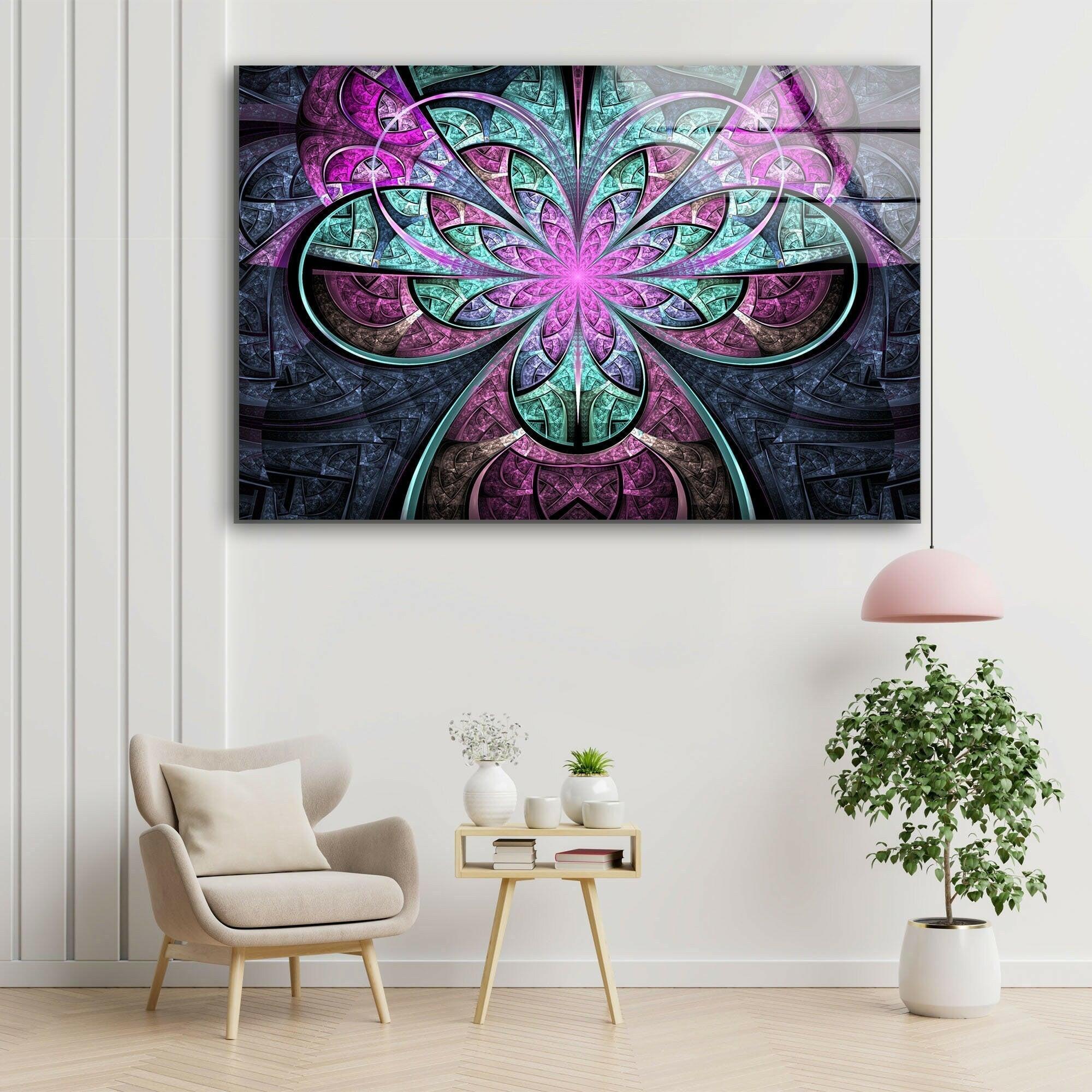 Abstract Fractal Purple Flower Glass Wall Art - Modern Home Decor for Living Room, Bedroom & Office - Handmade Glass Mural for Unique Interior Design