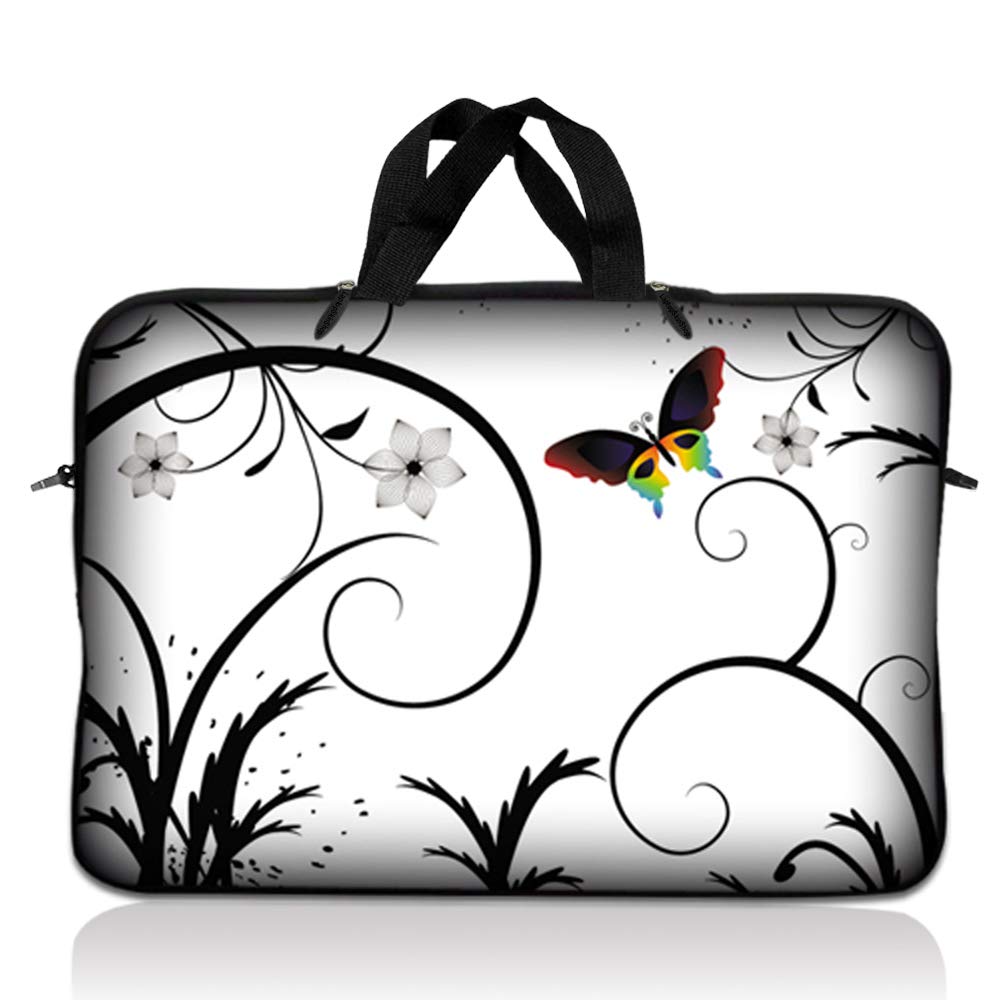 13.3 Inch Laptop Sleeve Bag for Acer, Asu, Dell, HP, Sony & MacBook - Protective Carrying Case with Handle Strap | White Butterfly Floral Design | Perfect for Work, School & Travel