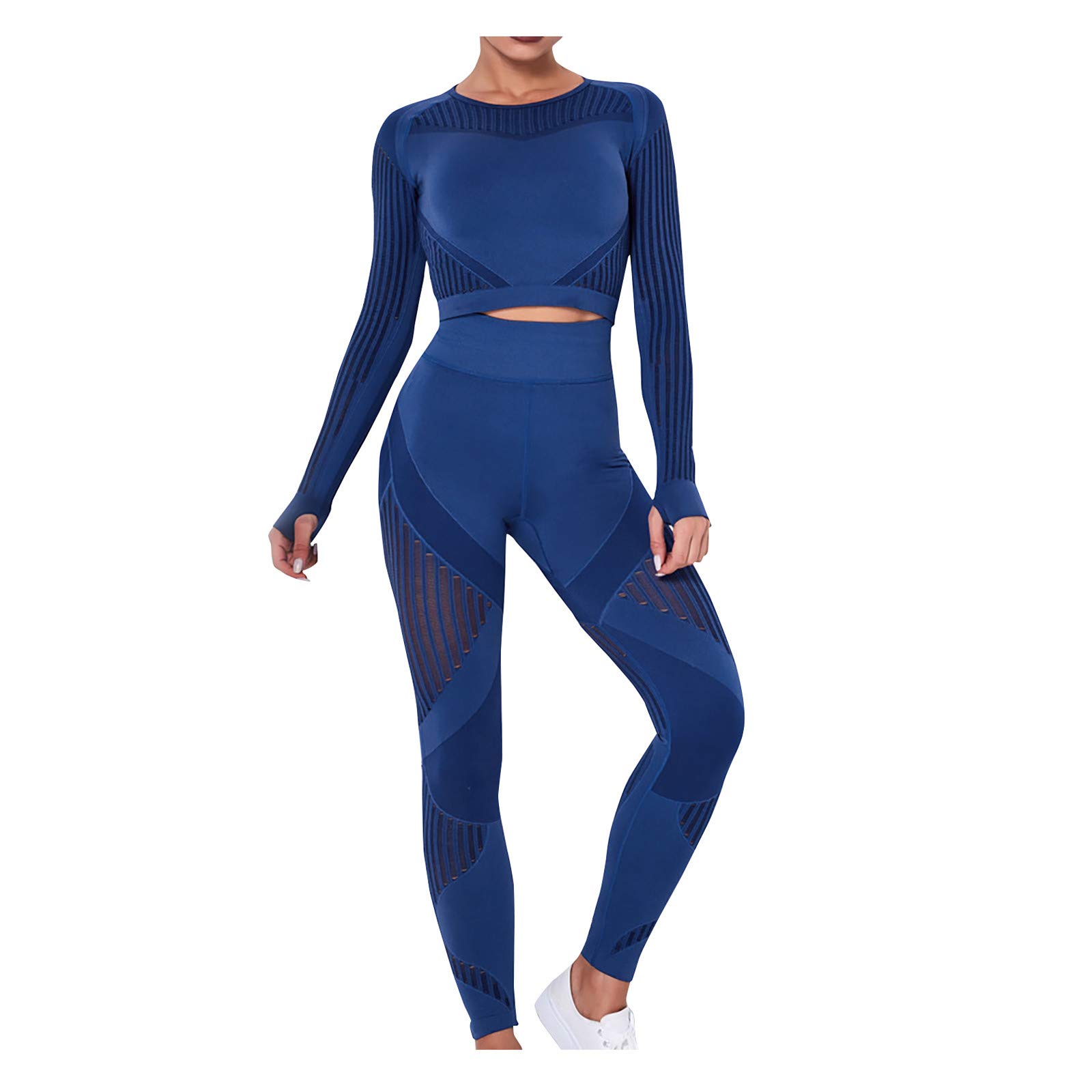 Women's 2-Piece Seamless Striped Hollow Out Yoga Outfit - Quick Drying Fitness Set with Matching Shorts - Summer Workout Clothes for Yoga, Gym & Running