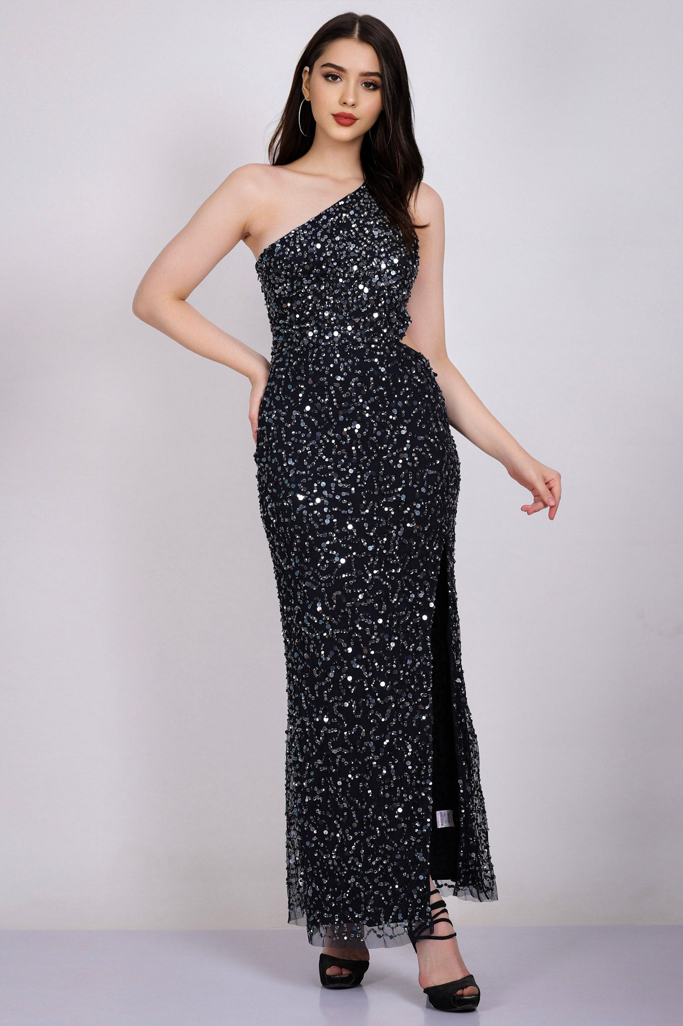 Navy Blue One Shoulder Sequin Party Dress for Women - Elegant Evening Gown for Prom, Cocktail, Wedding & Special Occasions