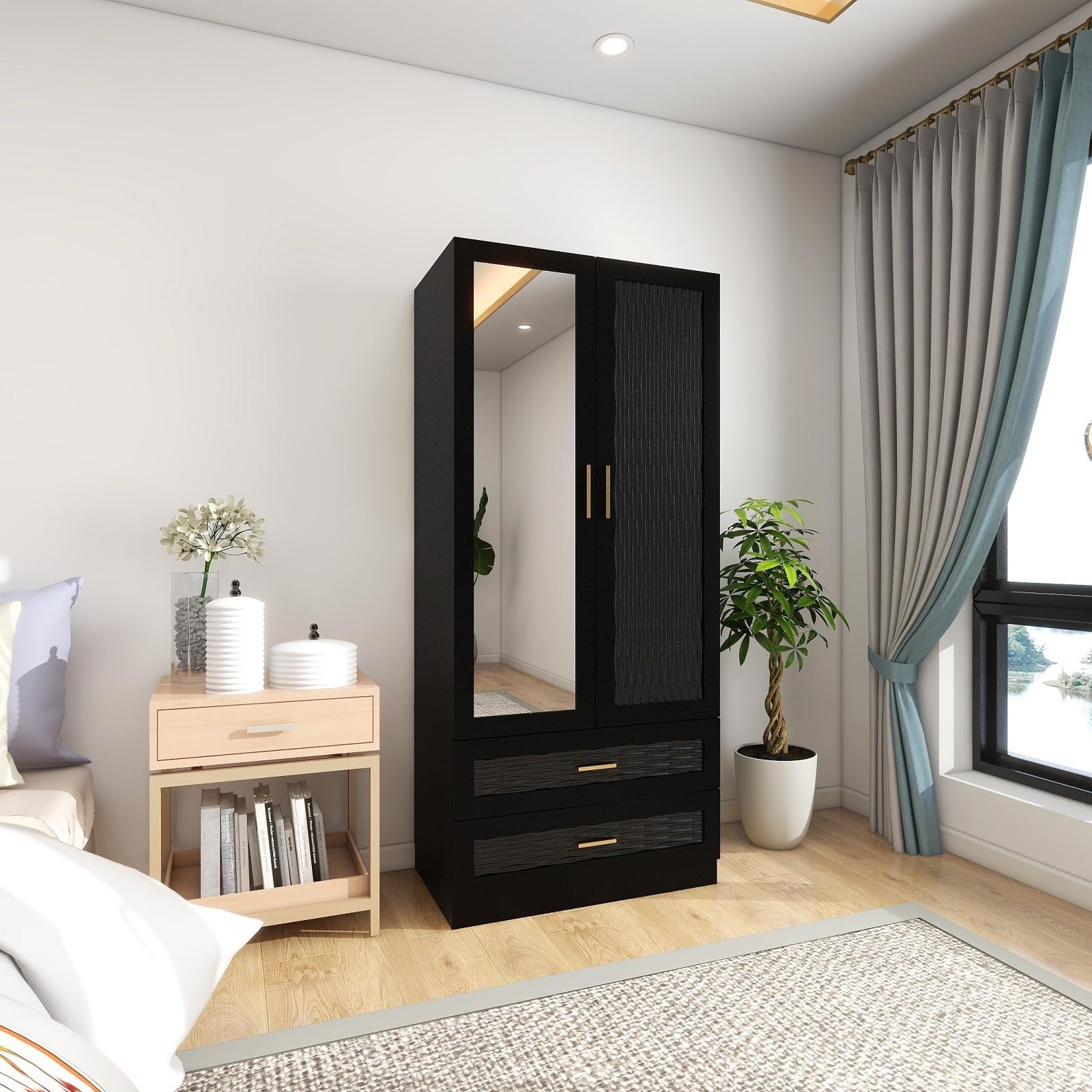 Black Armoire Wardrobe Closet with Mirrors & 2 Doors - 31.5