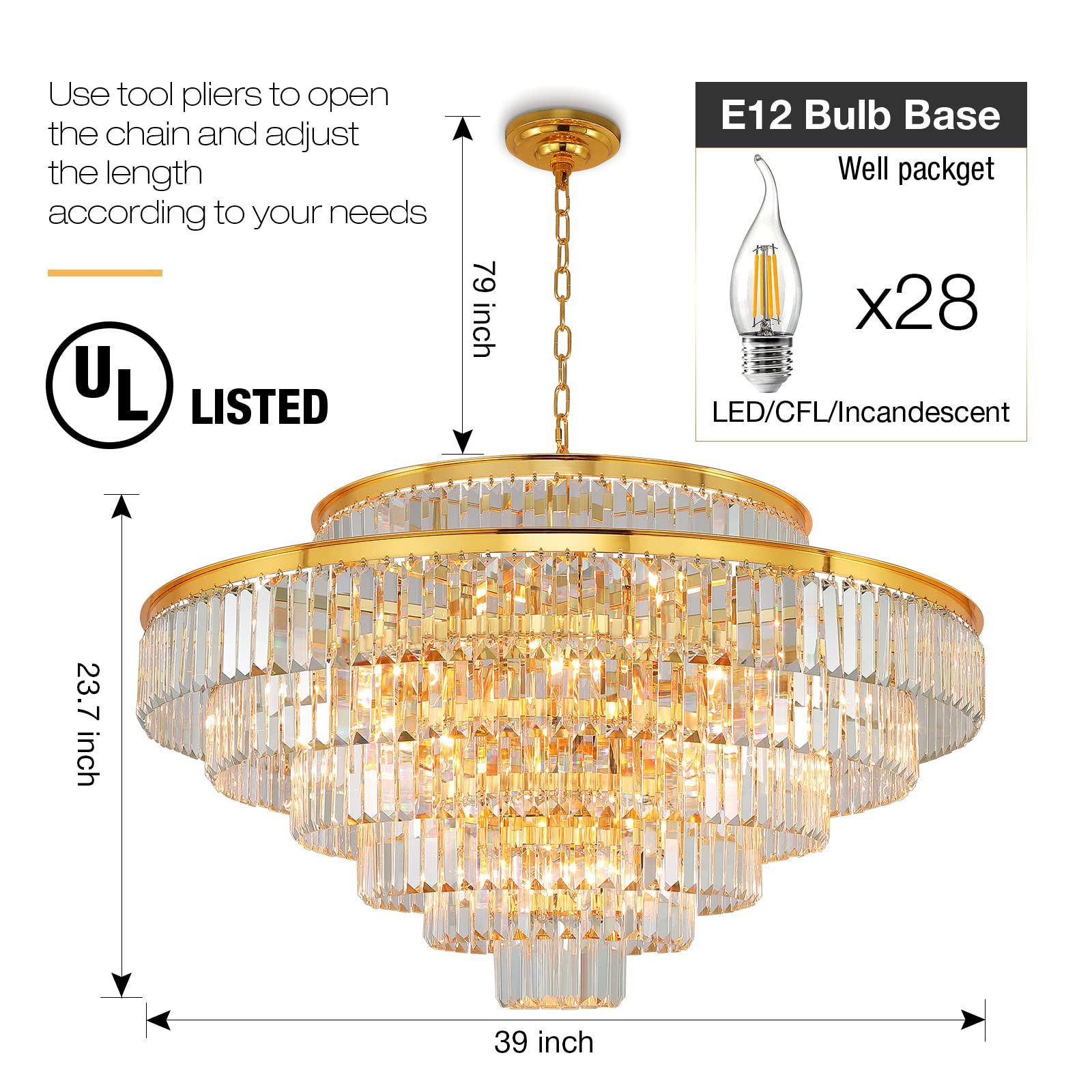 Modern Gold Crystal Chandelier - 39 Inch Round 7-Tier Pendant Ceiling Light Fixture for Dining Room, Living Room, Bedroom & Entryway | Elegant Lighting for Home Decor, Weddings & Special Events