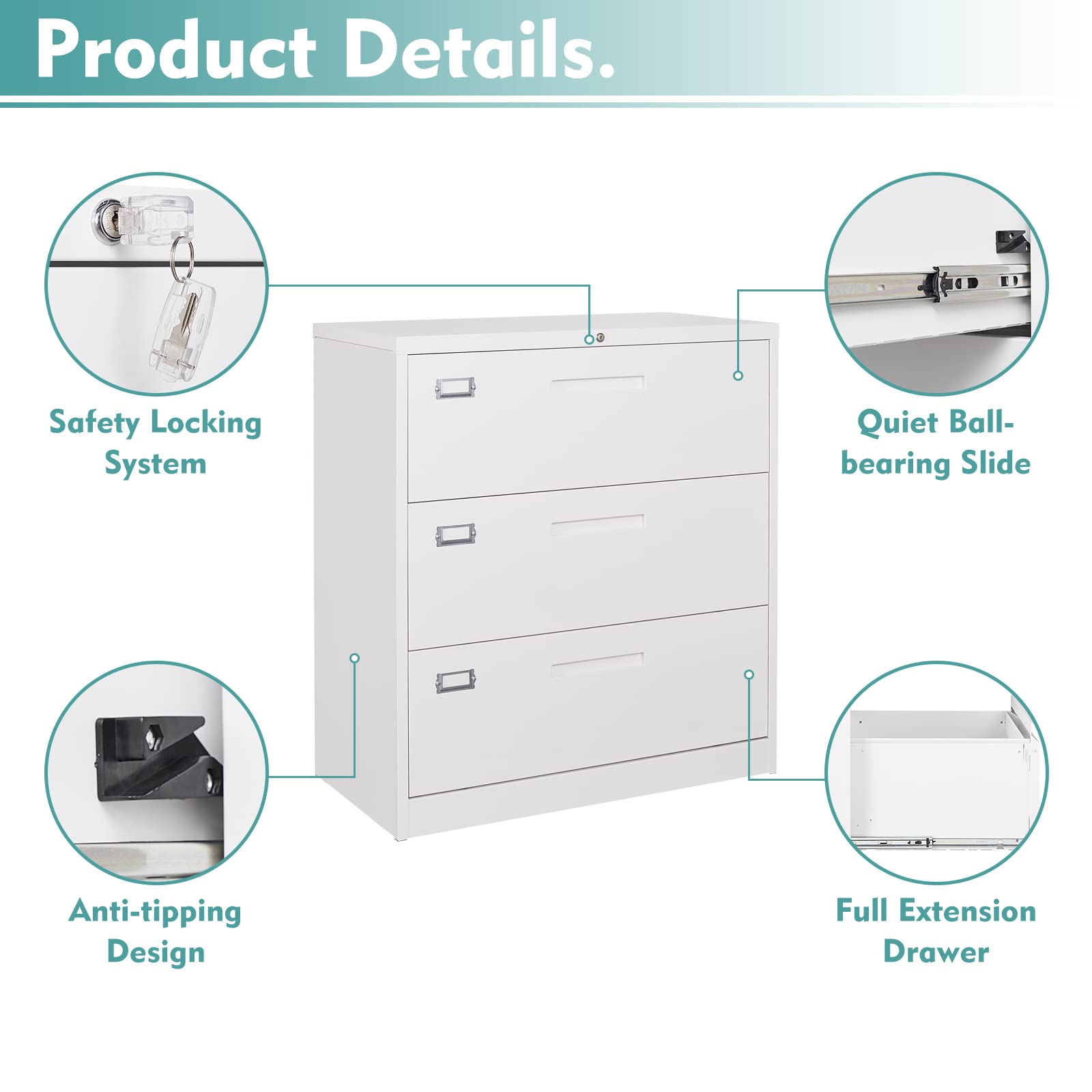 MIIIKO 3-Drawer Lateral File Cabinet - White Metal Filing Cabinet with Lock for Home Office, Large Storage Organizer for Hanging File Folders, Easy Assembly - Perfect for Document Storage & Office Organization