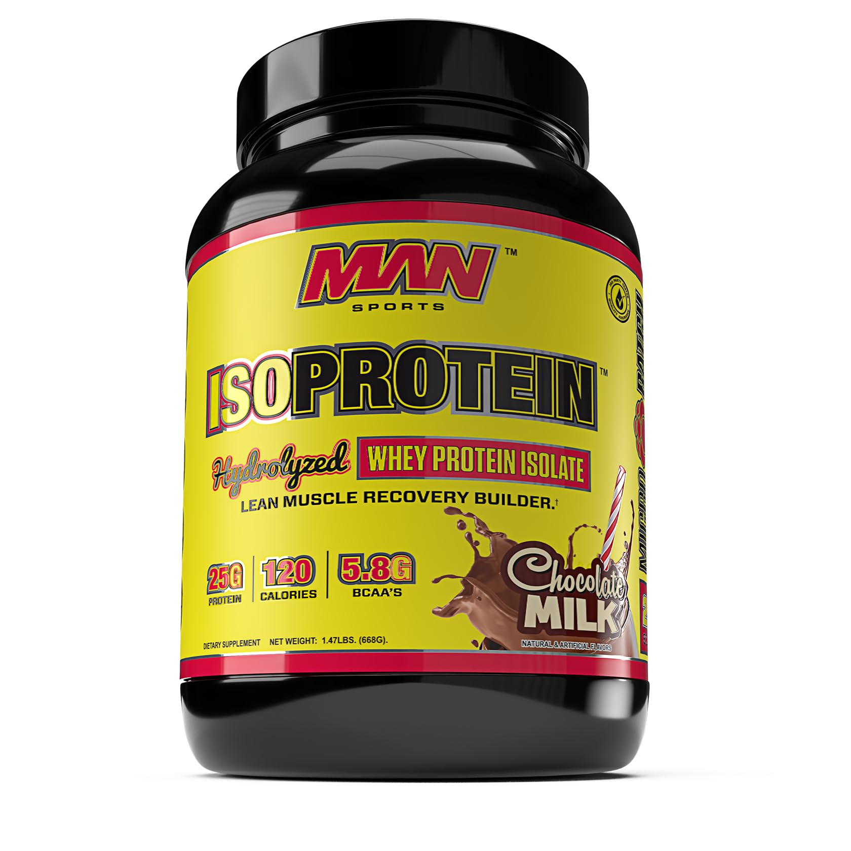Man Sports ISO-Protein Hydrolyzed 100% Pure Whey Protein Isolate Powder - Chocolate Milk Flavor, 1.47lb (20 Servings) for Muscle Recovery & Post-Workout Nutrition | Gym, Fitness & Bodybuilding Supplement