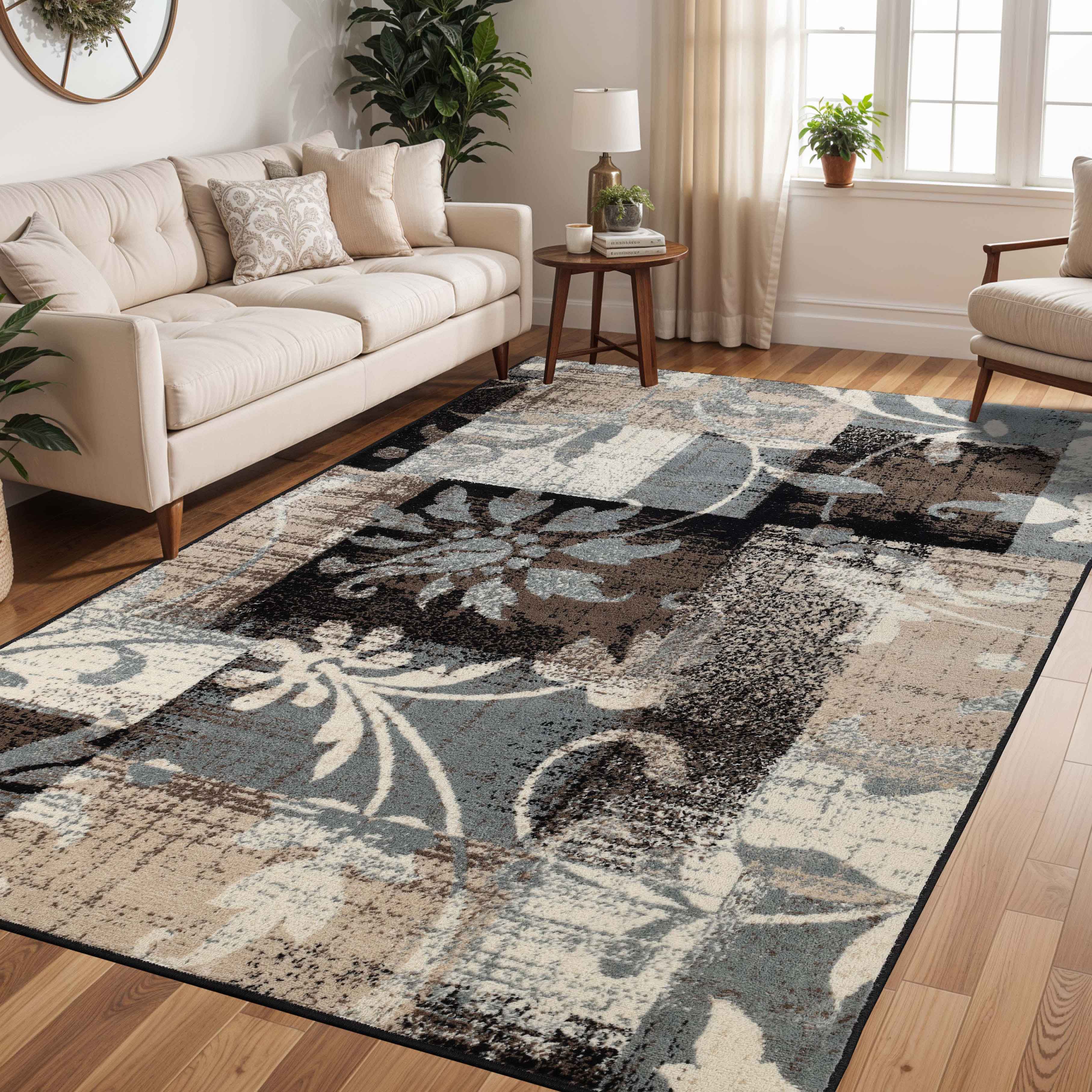 Stylish Pastiche Contemporary Floral Patchwork Area Rug - Non-Slip Indoor Runner for Living Room, Bedroom & Hallway Decor