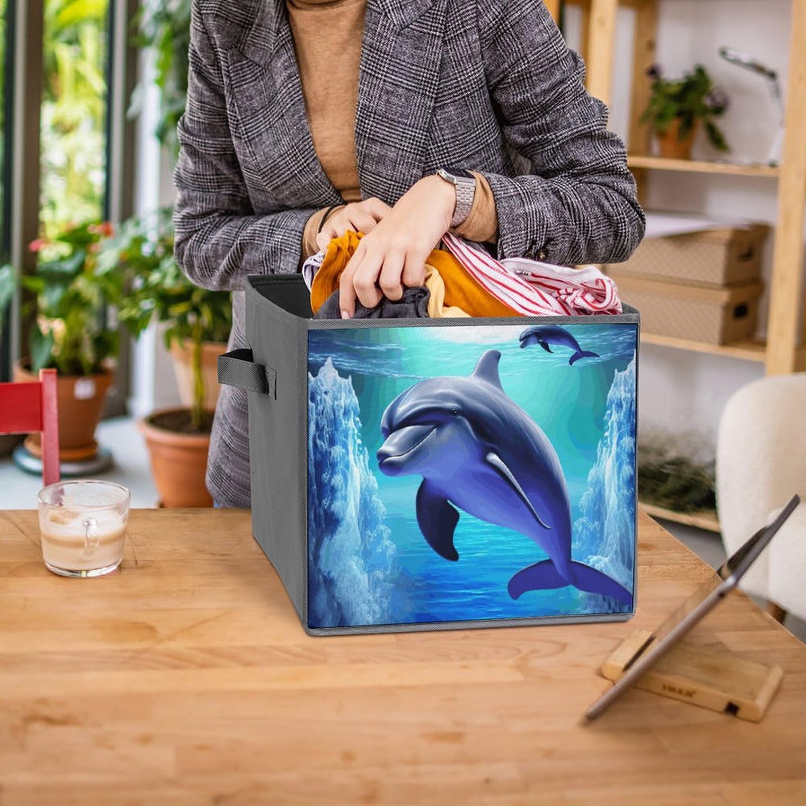 Foldable Storage Bins with Handles - Large Capacity Dolphin Printed Organizer for Playroom, Office & Home
