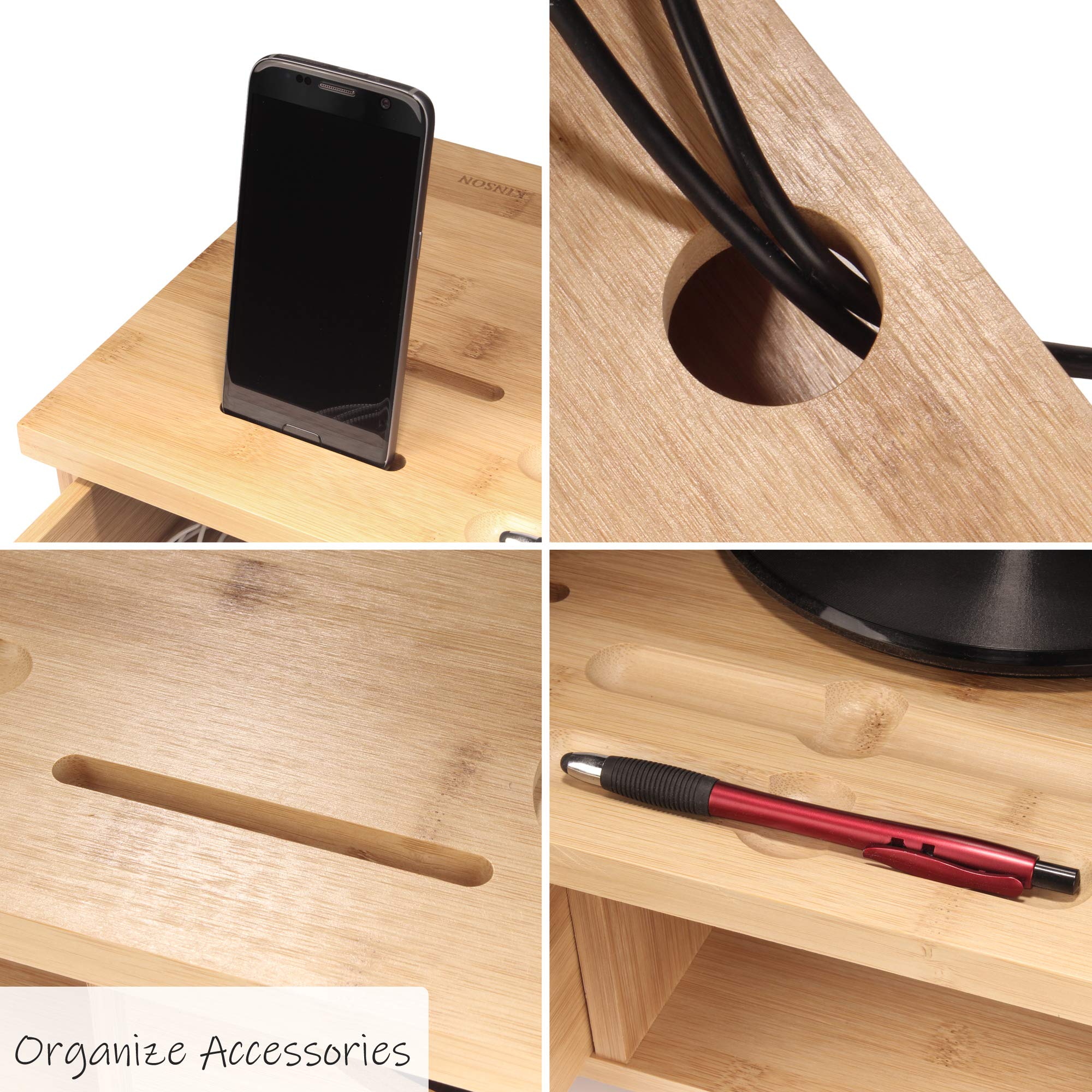 Premium Bamboo Desk Organizer & Laptop Stand Riser - Space Saving Office Storage Solution for Home & Workspace Organization