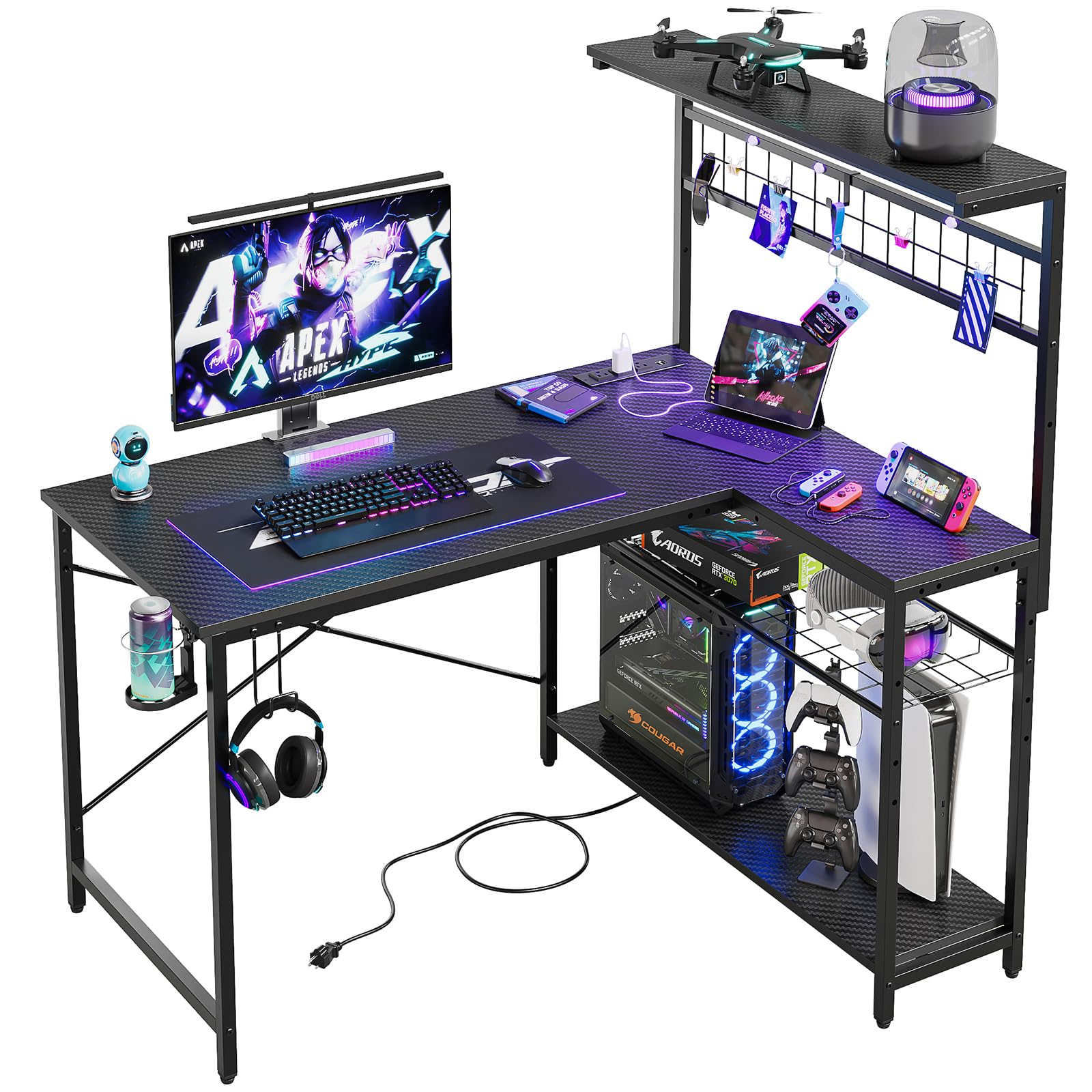 Bestier 42 Inch L-Shaped Gaming Desk with Power Outlets & LED Lights - Reversible Corner Computer Desk with 4-Tier Shelves, Cup Holder & Hook - Carbon Fiber Black for Home Office & Gaming Setup