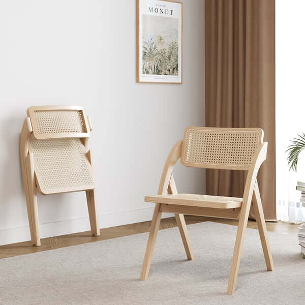 Japandi Style Natural Folding Dining Chairs (Set of 2) - Solid Wood Rattan Side Chairs for Kitchen, Dining Room & Outdoor Patio