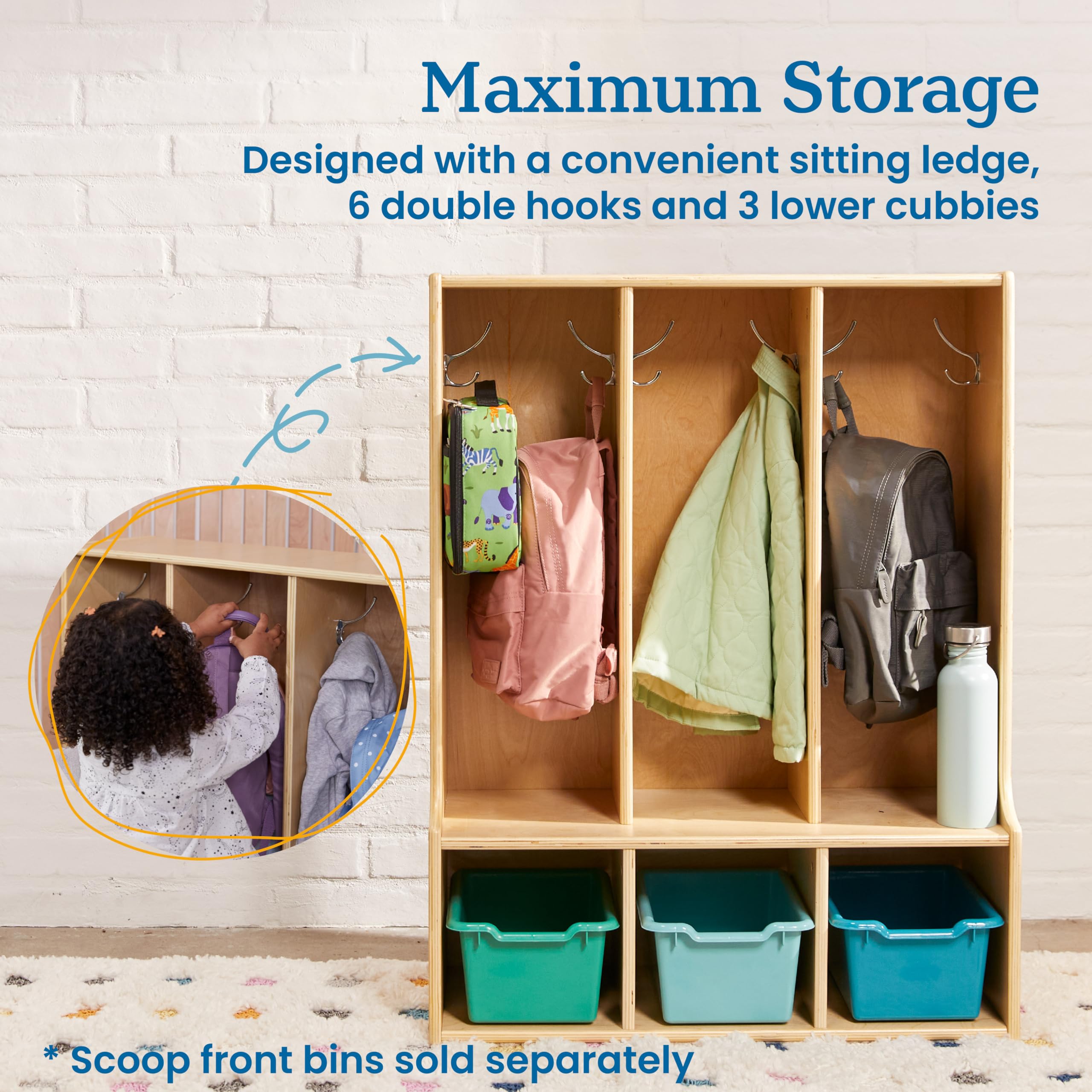 ECR4Kids 3-Section Toddler Coat Locker with Bench - Natural Wood Kids Storage Furniture for Daycare, Preschool & Home Entryway Organization