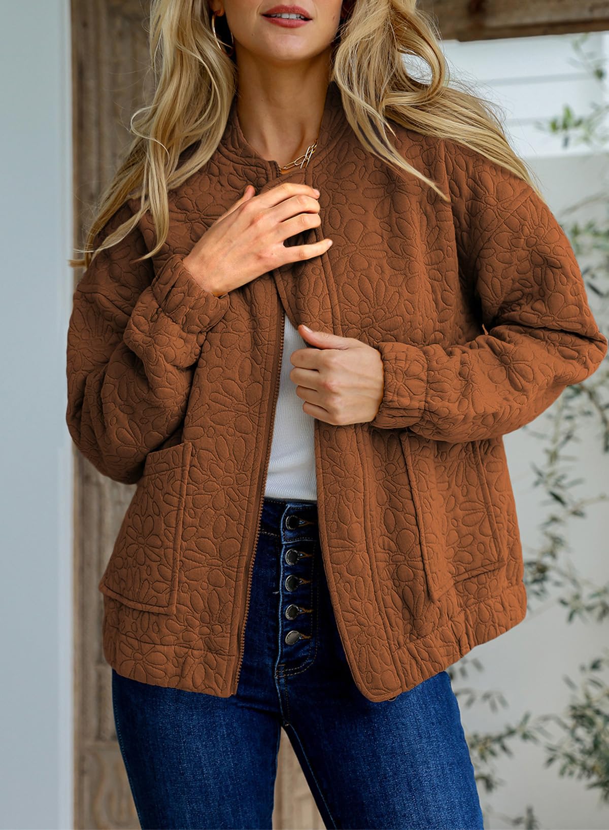 EVALESS Women's Lightweight Bomber Jacket - Spring 2025 Fashion Jacquard Coat with Zip Up, Cute & Stylish for Casual Wear, Office Outfits or Night Out