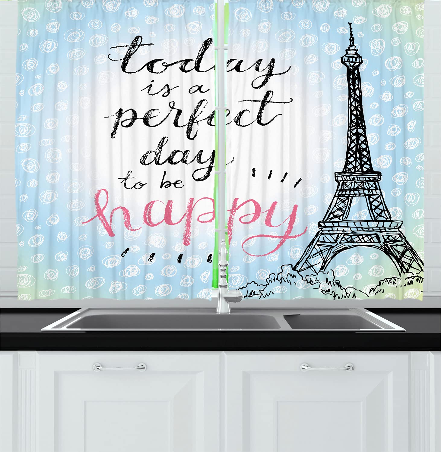 Ambesonne Eiffel Tower Long Kitchen Curtains - Parisian Polka Dot Sketch Print Black & Blue Drapes with Rod Pocket (55x45 Inch) - Perfect for French-Themed Kitchens, Dining Rooms & Paris Decor