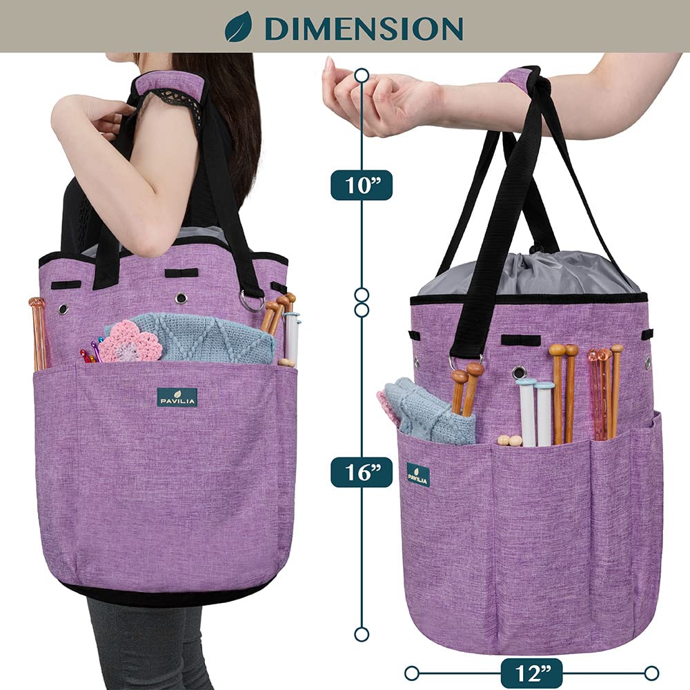 PAVILIA Crochet Yarn Bag Organizer with Grommets - Perfect Gift for Knitters & Portable Craft Storage (Heather Purple) for Travel & Home Use