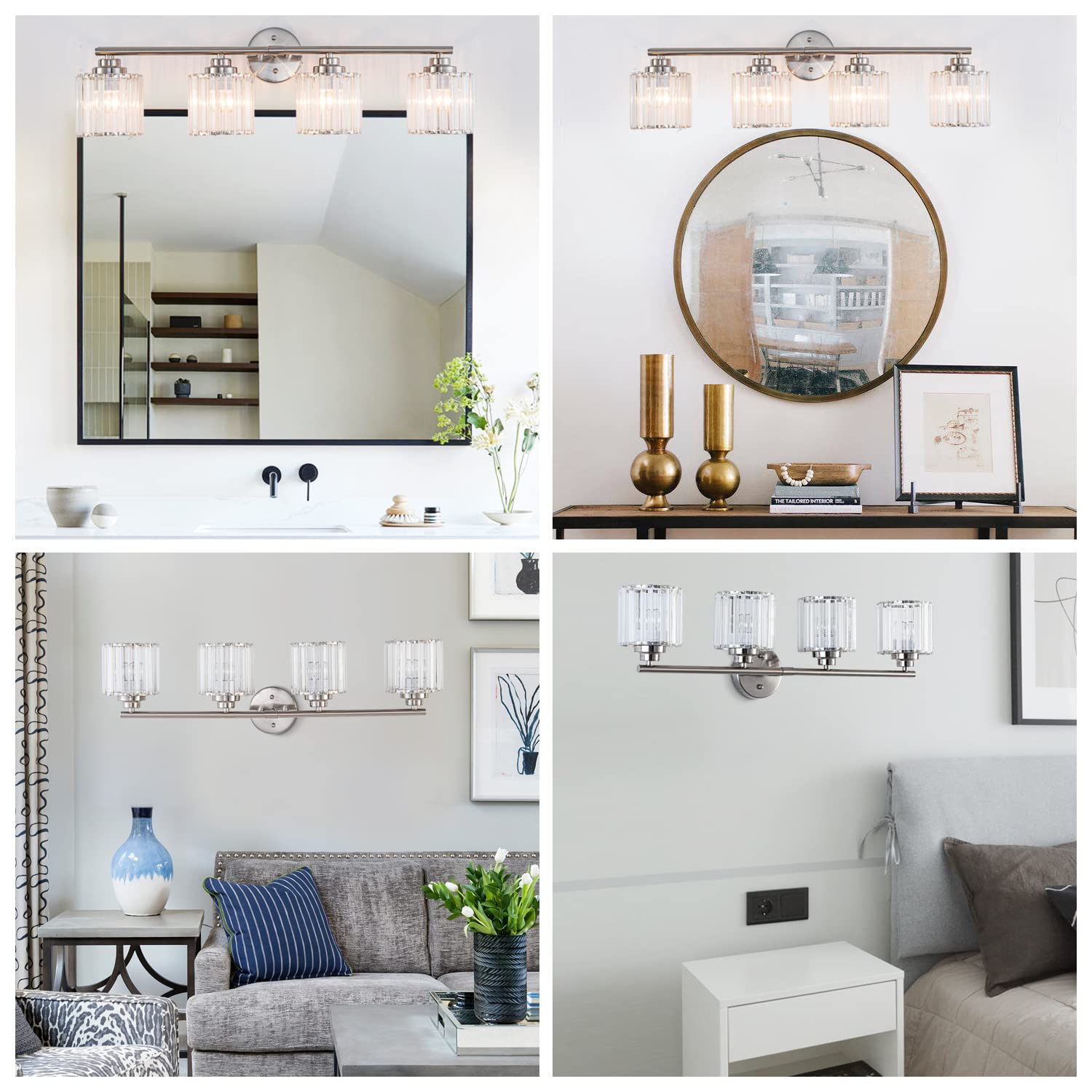 Modern Brushed Nickel Bathroom Vanity Light Fixture 32 Inch 4-Light Crystal Shade Industrial Wall Sconce - Waterproof LED Mirror Lighting for Bathroom, Bedroom Makeup Desk, Living Room, Kitchen & Porch (Hotel Style Decor)