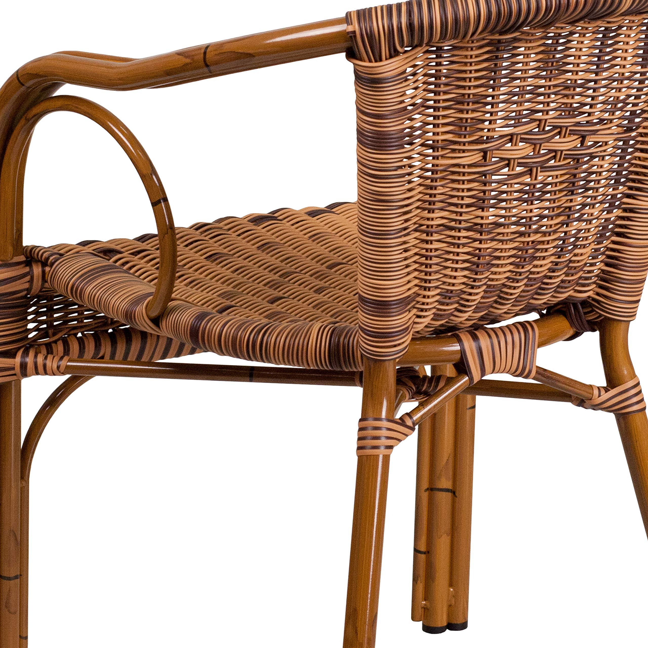 Flash Furniture Cadiz Series Dark Red Bamboo-Aluminum Indoor-Outdoor Dining Chair with Burning Brown Rattan - Perfect for Restaurants, Patios, Cafes, and Backyard Entertaining