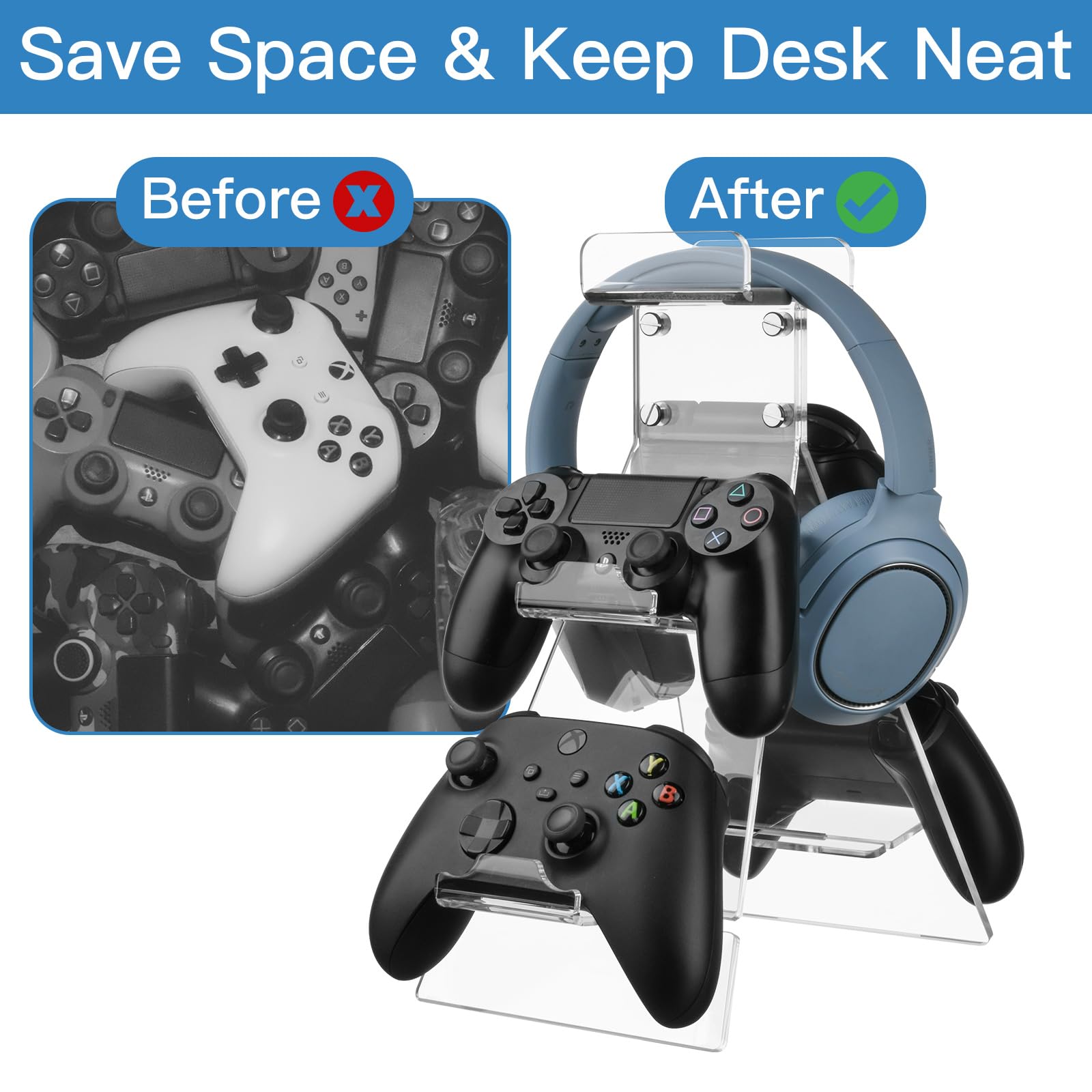 Acrylic Game Controller Stand with Headphone Holder - Universal Gaming Controller Rack Compatible with Xbox, PS4, PS5 & Nintendo Switch - Clear Desk Organizer for Gaming Accessories - Perfect for Gaming Setup, Streaming Station & Home Entertainment System