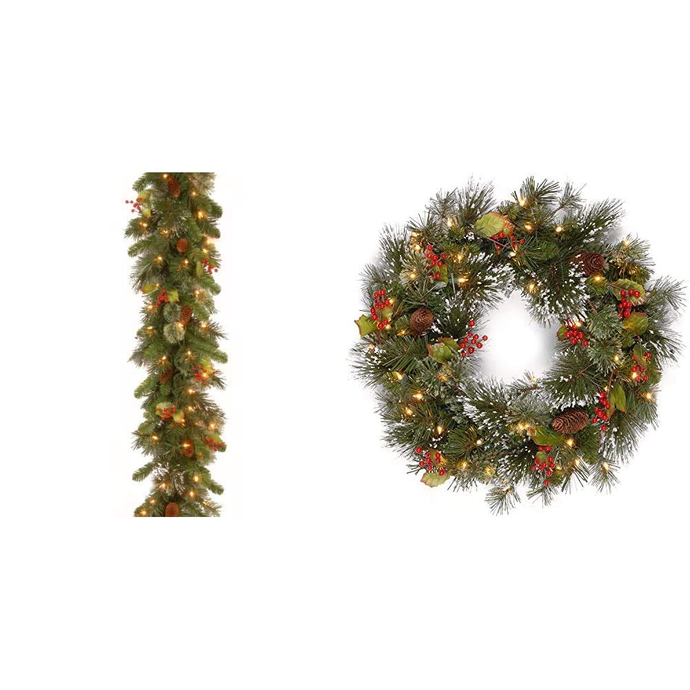 National Tree Company 24-Inch Pre-Lit Artificial Christmas Garland & Wreath Set - Flocked Wintry Pine with Mixed Decorations & White LED Lights - Perfect for Holiday Mantel, Door, and Staircase Decor