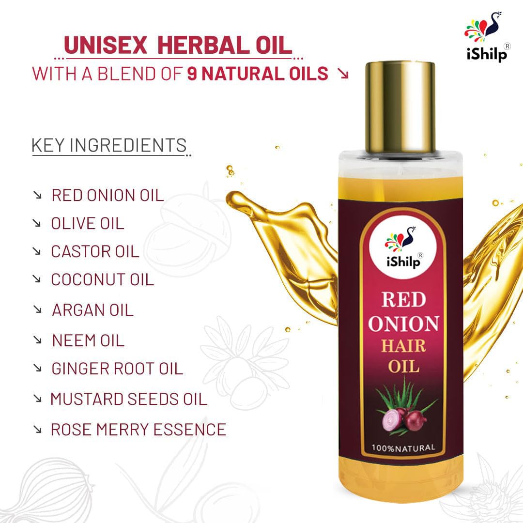 iShilp Red Onion Hair Oil for Shiny & Healthy Hair Growth | 100% Natural Onion Oil Treatment for Long, Strong & Beautiful Hair - 100ml | Perfect for Daily Hair Care & Scalp Nourishment at Home