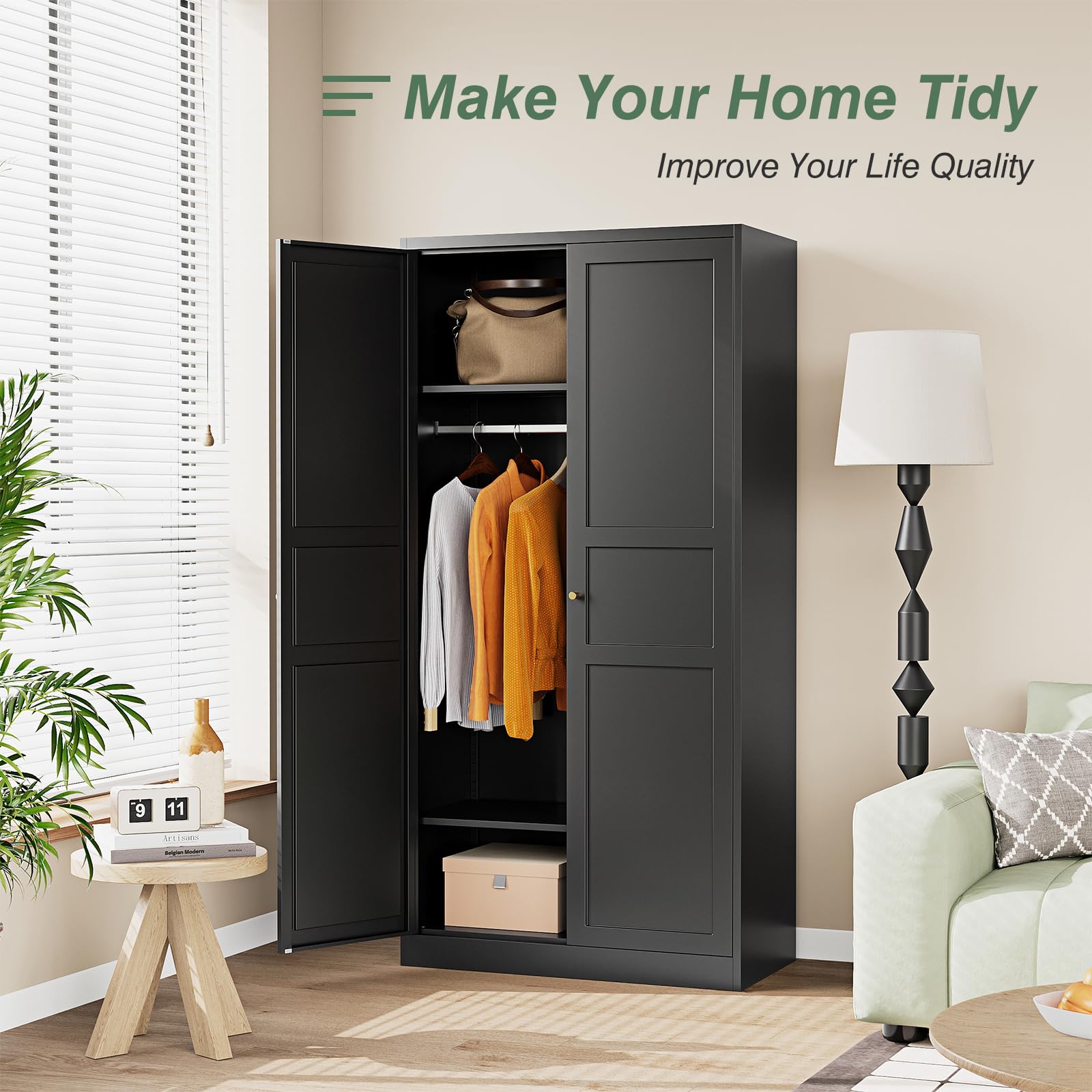 Metal Wardrobe Closet Cabinet with Doors & Shelves - Freestanding Storage Armoire for Bedroom, Laundry Room, Home Office & Bathroom - Black (Perfect for Small Spaces & Closet Organization)