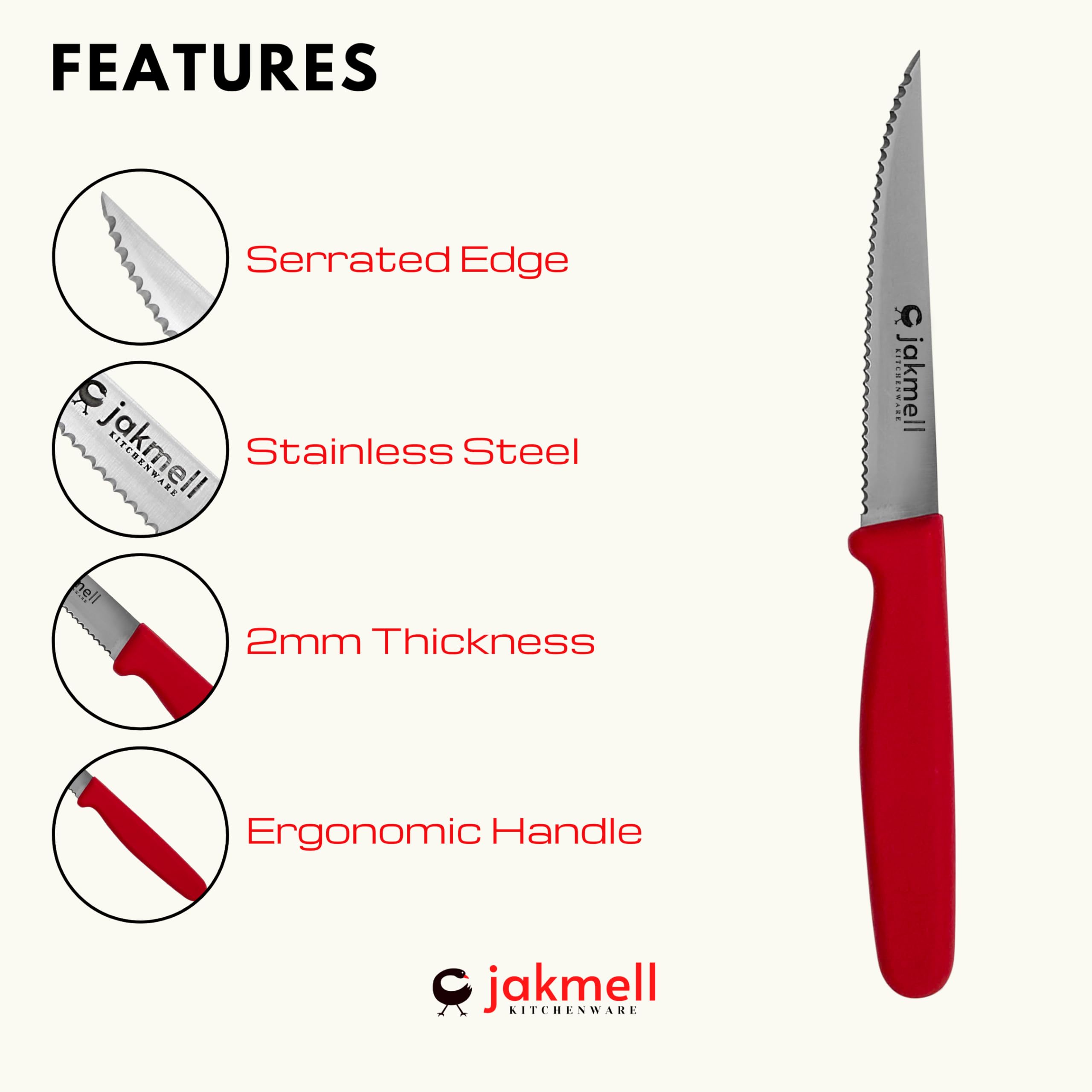 4 Inch Serrated Paring Knife with Red Handle - Stainless Steel Kitchen Utility Knife for Slicing, Peeling, and Precision Cutting - Perfect for Fruits, Vegetables, and Small Kitchen Tasks