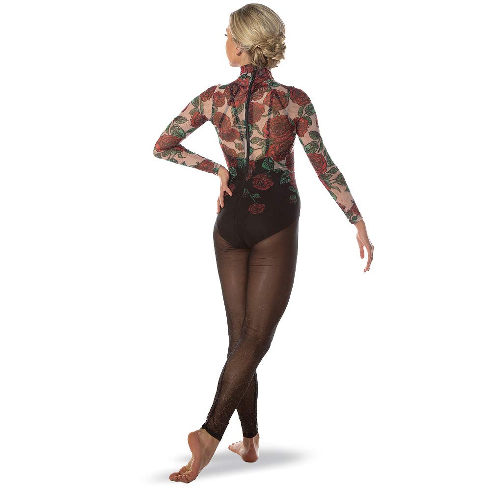 Stylish Rose Floral Print Mesh Unitard Bodysuit for Women - Perfect for Dance, Yoga & Costume Parties